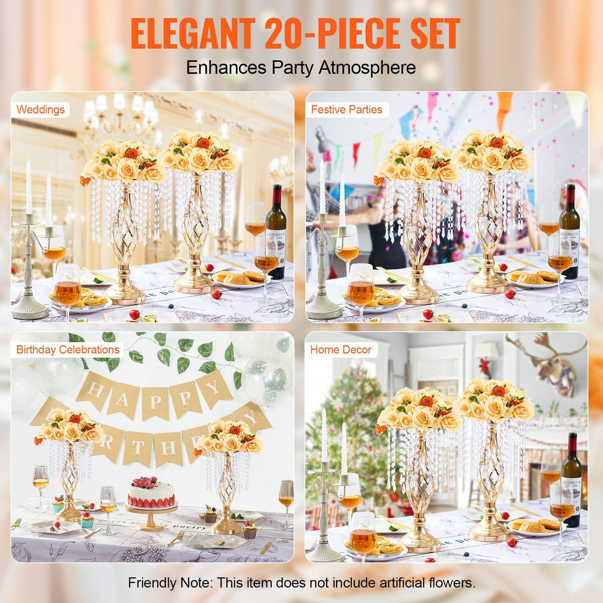 20PCS 43cm/16.9' Tall Crystal Wedding Flower Stand, Metal Wedding Centerpiece Vase, Gold Flower Holders Floral Display Rack for Tables Wedding Dinner Party, Ceremony Birthday Event Decor