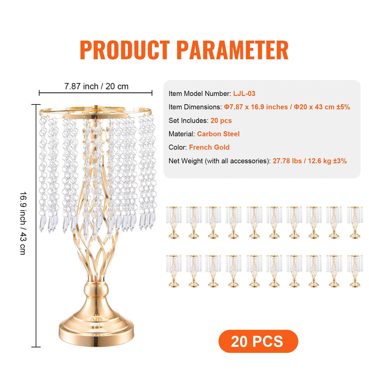 20PCS 43cm/16.9' Tall Crystal Wedding Flower Stand, Metal Wedding Centerpiece Vase, Gold Flower Holders Floral Display Rack for Tables Wedding Dinner Party, Ceremony Birthday Event Decor