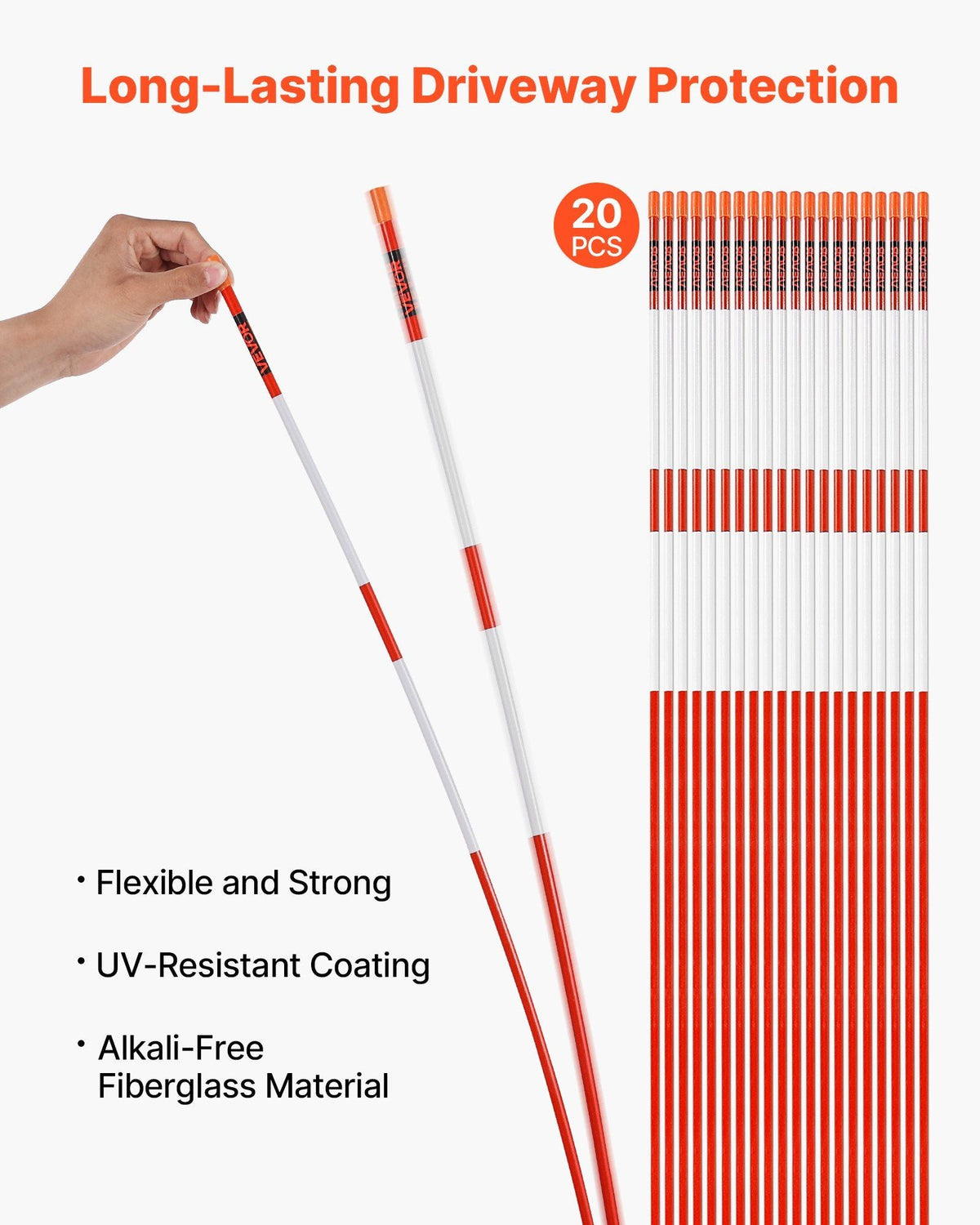 20Pcs Reflective Driveway Markers 5/16" Dia 58 in Snow Stakes Reflectors Orange