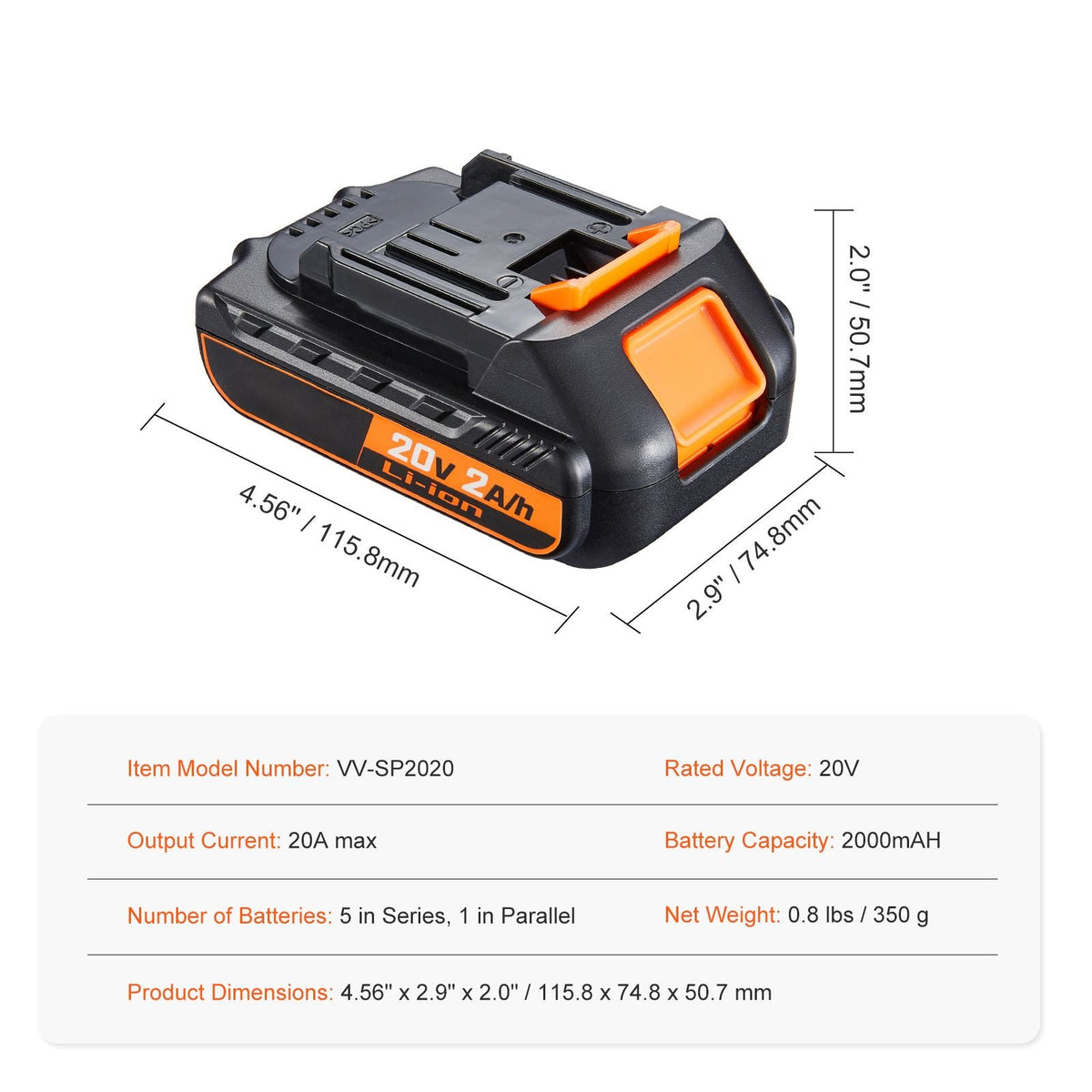 20V 2.0Ah Lithium-Ion Battery - High-Capacity Replacement Battery Pack for Power Tools Batteries, Compatible with 20V Cordless Power Tools