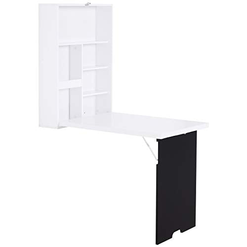 Foldable Wall Mounted Desk with Storage Shelves, Fold Out Convertible Computer Table with Blackboard, Folding Writing Table Workstation for Small Spaces,Home Office (White-a) - color: White-a