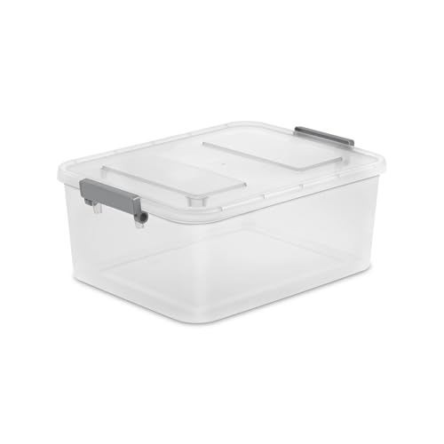 Modular Small Storage Bin, 12.7 Quart Latching Clear Plastic Storage Container with Write-on ID Latches, Gray