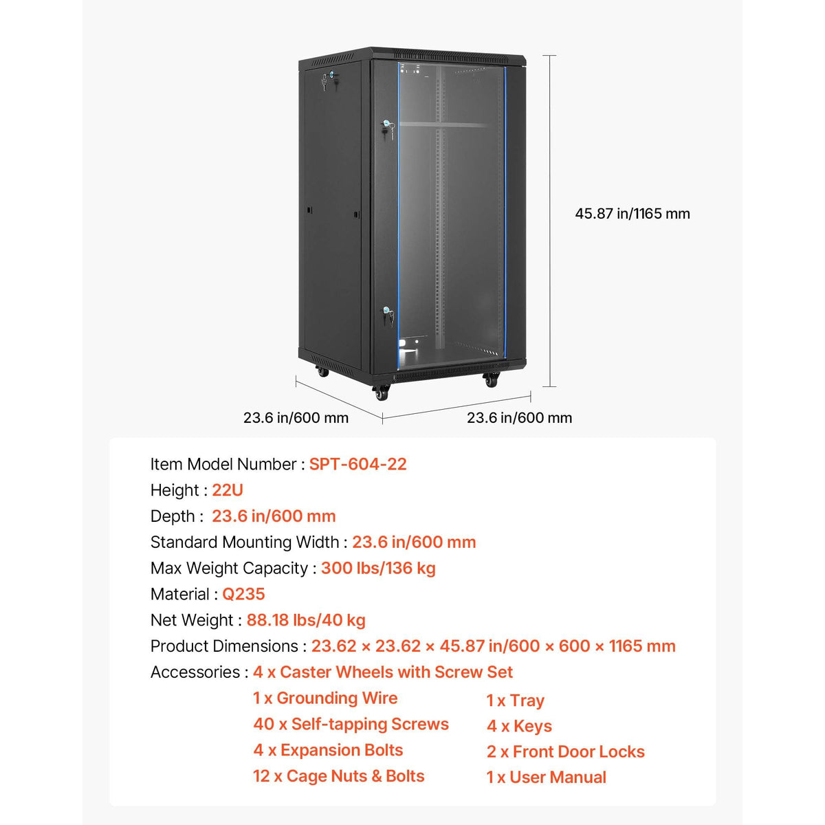 22U Network Cabinet Wall Mount, 23.6 in Depth, 300 lbs Max Load Capacity Server Cabinet Rack Enclosure with Locking Tempered Glass Door, Side Panels, Server Rack for IT Equipment, A/V Devices