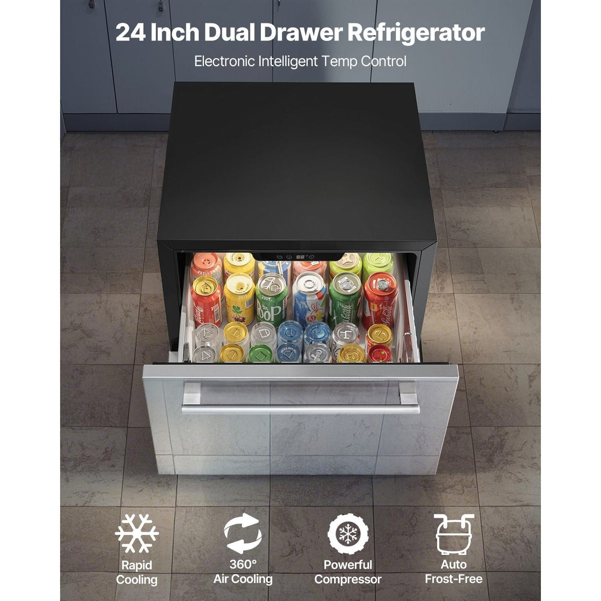 24 Inch Under Counter Drawer Refrigerator, Stainless Steel Dual Drawer Fridge with Temperature Control, Outdoor Refrigerator with Powerful Compressor & LED Display, Fit for Home, Office, etc.