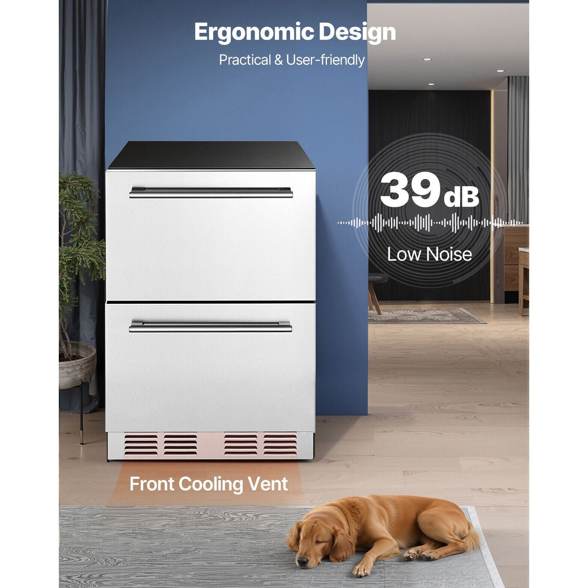 24 Inch Under Counter Drawer Refrigerator, Stainless Steel Dual Drawer Fridge with Temperature Control, Outdoor Refrigerator with Powerful Compressor & LED Display, Fit for Home, Office, etc.