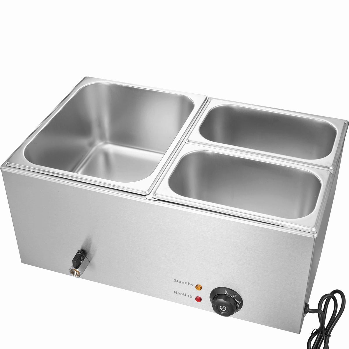 24QT Commercial Food Warmer, 3-Pan Electric Steam Table, 1200W Professional Countertop Stainless Steel Buffet Bain Marie with 86-185 Fahrenheit Temp Control