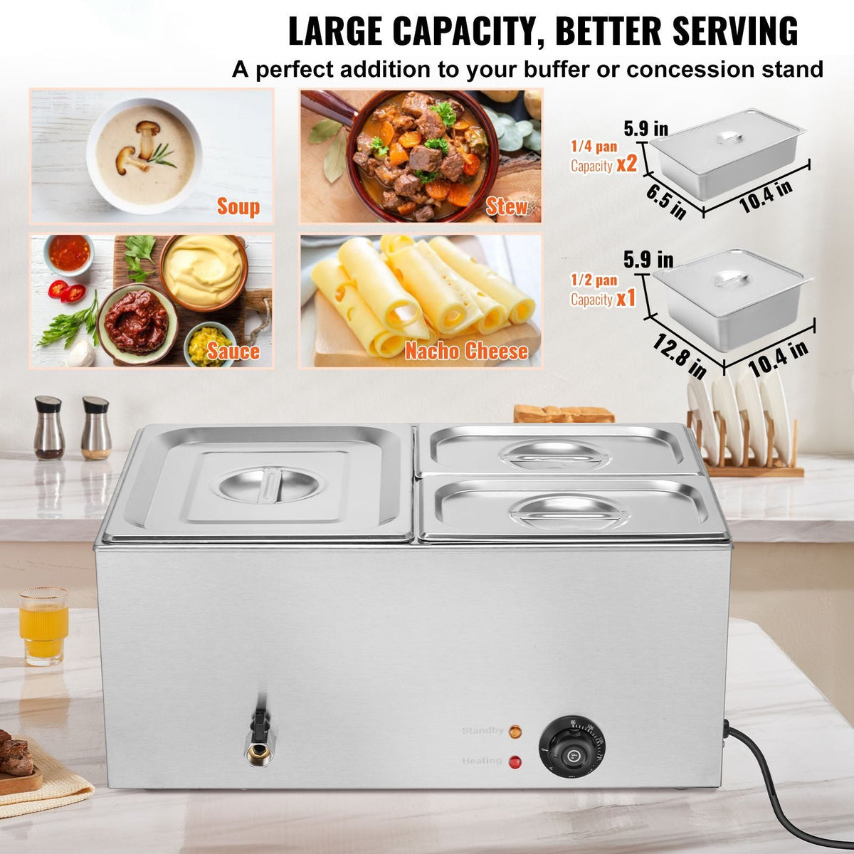 24QT Commercial Food Warmer, 3-Pan Electric Steam Table, 1200W Professional Countertop Stainless Steel Buffet Bain Marie with 86-185 Fahrenheit Temp Control
