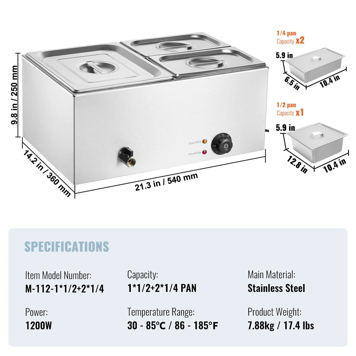 24QT Commercial Food Warmer, 3-Pan Electric Steam Table, 1200W Professional Countertop Stainless Steel Buffet Bain Marie with 86-185 Fahrenheit Temp Control