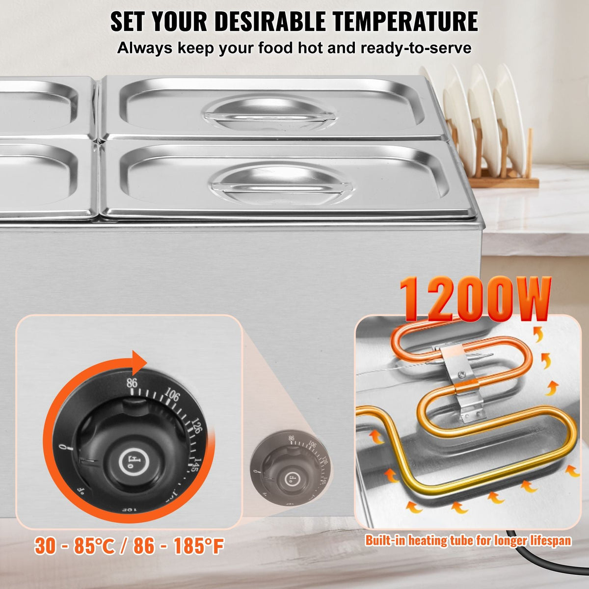 24QT Commercial Food Warmer, 4-Pan Electric Steam Table, 1200W Professional Countertop Stainless Steel Buffet Bain Marie with 86-185 Fahrenheit Temp Control