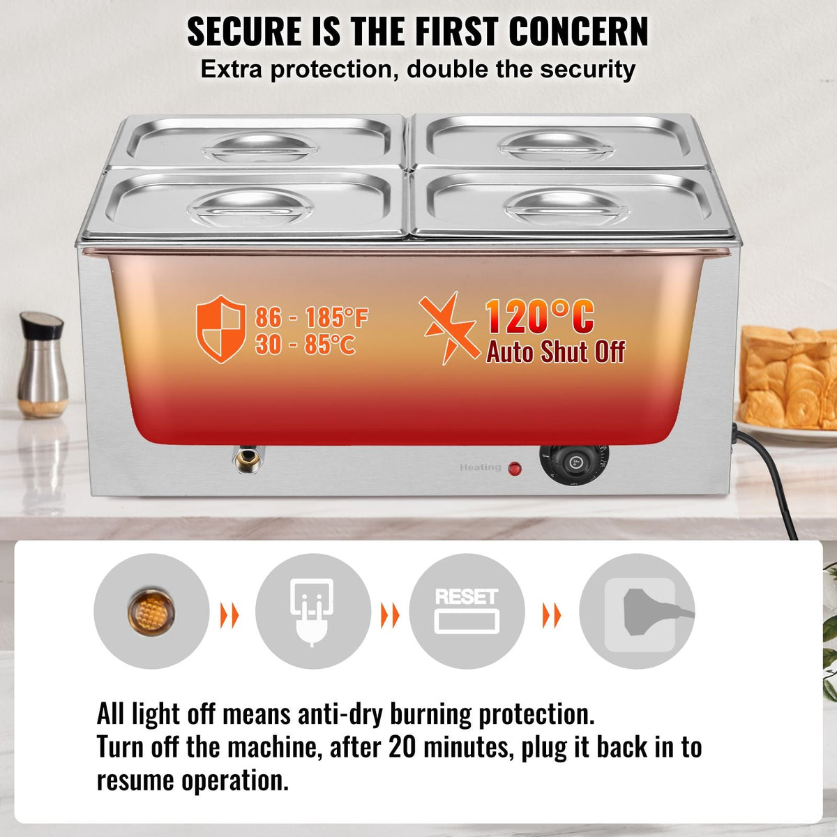 24QT Commercial Food Warmer, 4-Pan Electric Steam Table, 1200W Professional Countertop Stainless Steel Buffet Bain Marie with 86-185 Fahrenheit Temp Control