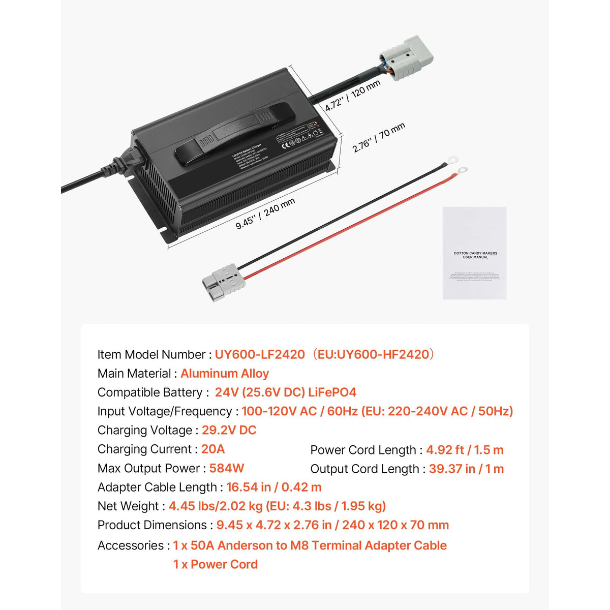 24V 20A Lithium Battery Charger, 29.2V, AC-DC LiFePO4 Smart Charger, with Anderson Connector, LED Indicator, 0V Activation, for Lithium LiFePO4 Deep Cycle Rechargeable Batteries of Boat, RV
