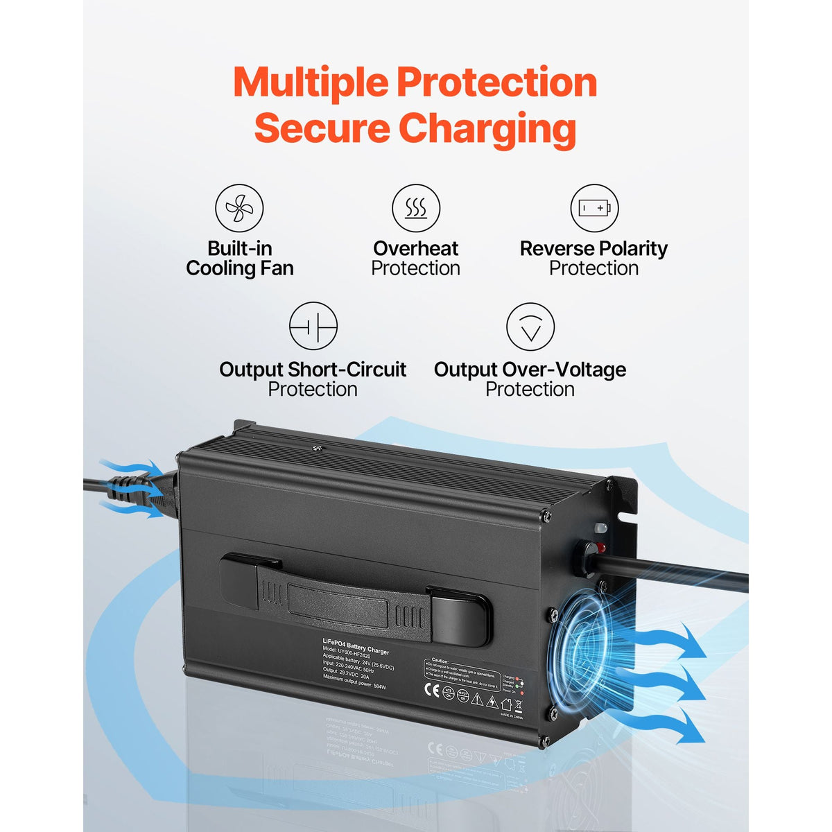 24V 20A Lithium Battery Charger, 29.2V, AC-DC LiFePO4 Smart Charger, with Anderson Connector, LED Indicator, 0V Activation, for Lithium LiFePO4 Deep Cycle Rechargeable Batteries of Boat, RV