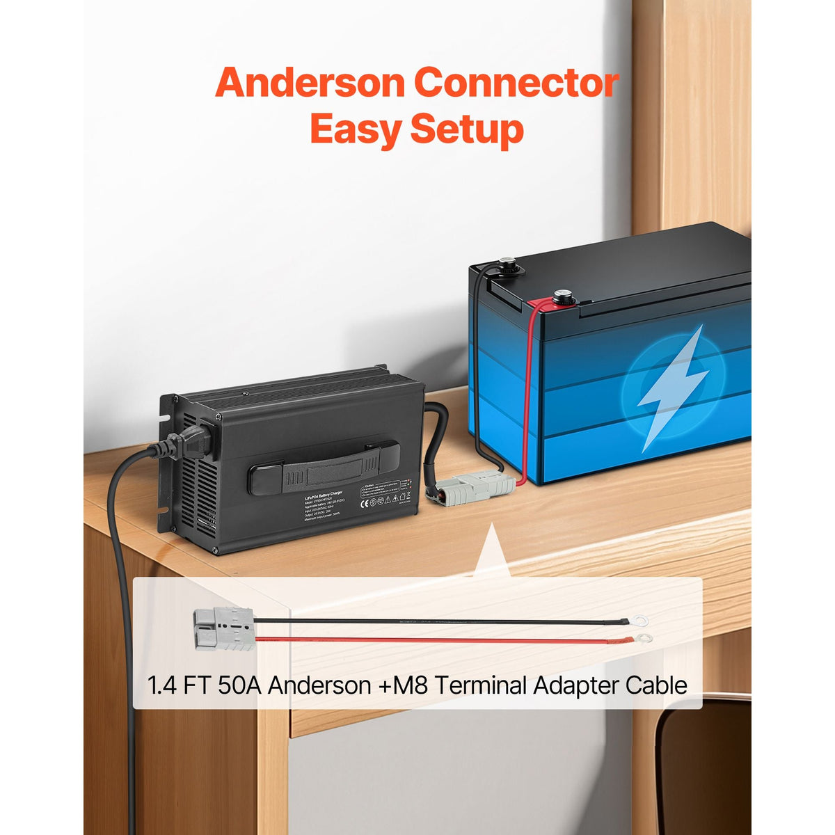 24V 20A Lithium Battery Charger, 29.2V, AC-DC LiFePO4 Smart Charger, with Anderson Connector, LED Indicator, 0V Activation, for Lithium LiFePO4 Deep Cycle Rechargeable Batteries of Boat, RV