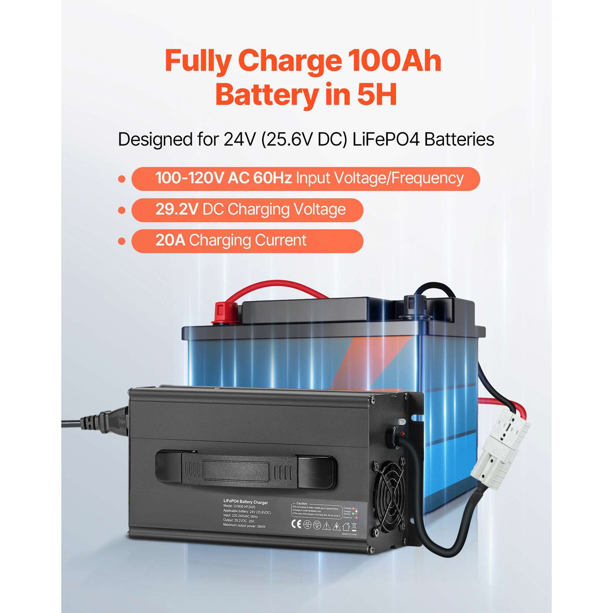 24V 20A Lithium Battery Charger, 29.2V, AC-DC LiFePO4 Smart Charger, with Anderson Connector, LED Indicator, 0V Activation, for Lithium LiFePO4 Deep Cycle Rechargeable Batteries of Boat, RV
