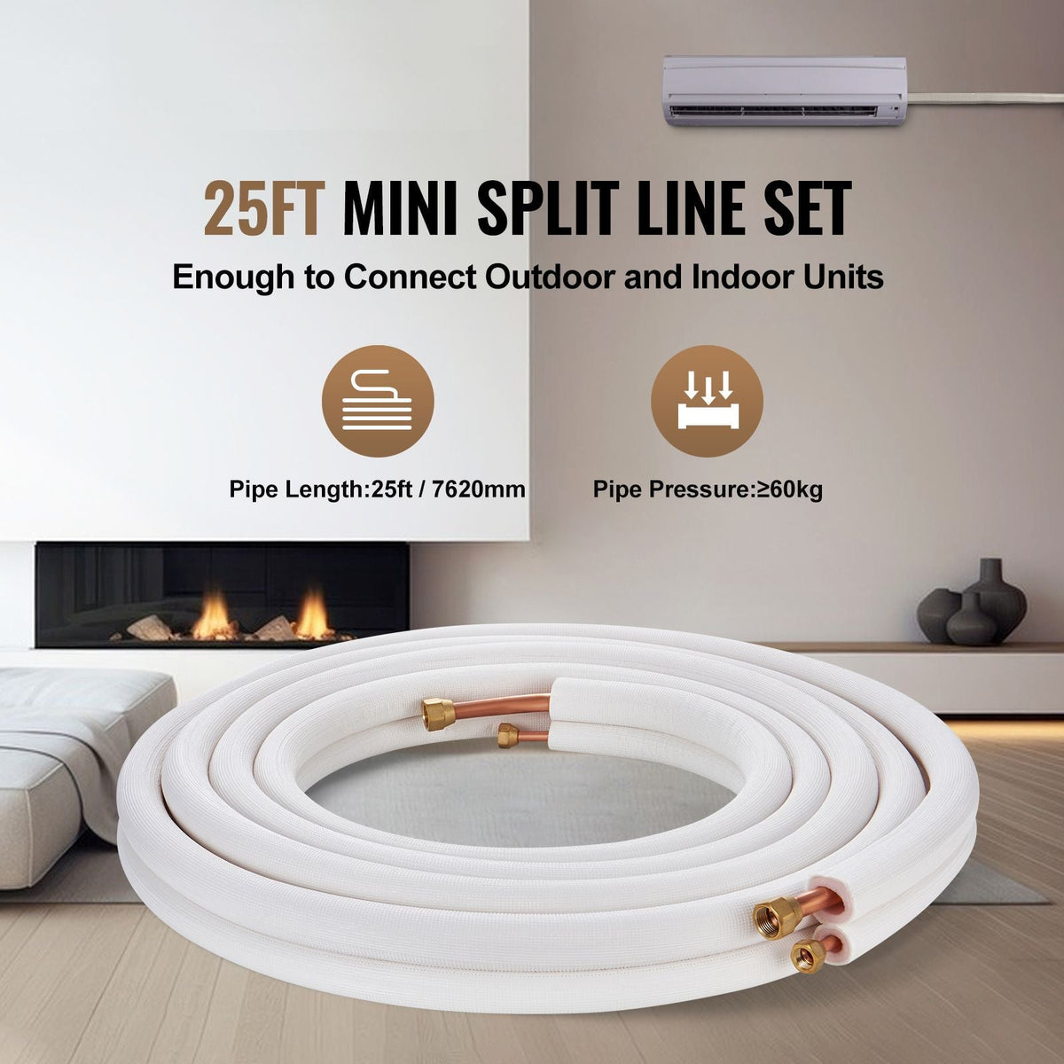 25FT Mini Split Line Set, 3/8" & 5/8" O.D Copper Pipes Tubing and Triple-Layer Insulation, for Mini Split Air Conditioning Refrigerant or Heating Pump Equipment & HVAC with Wrapping Strips.