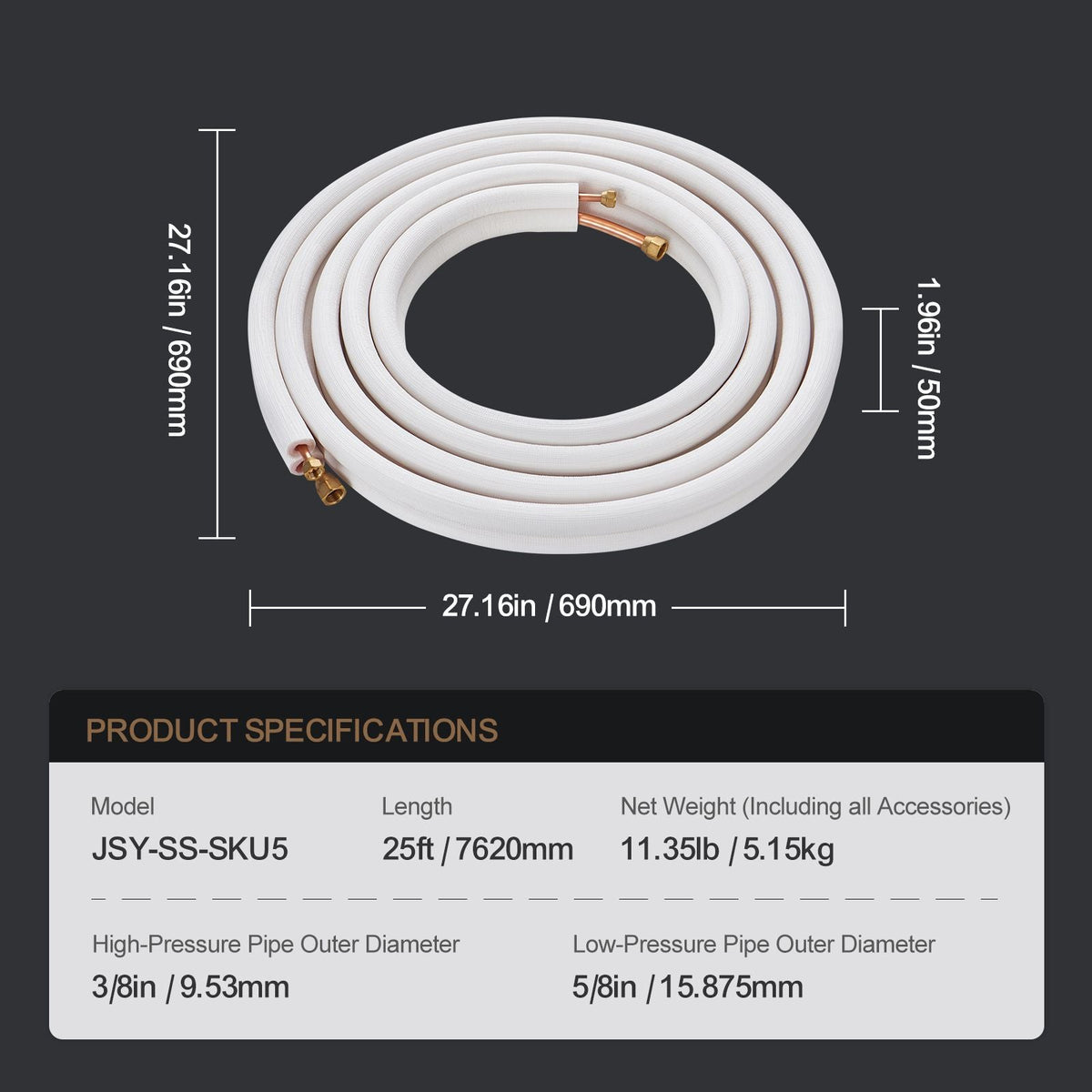 25FT Mini Split Line Set, 3/8" & 5/8" O.D Copper Pipes Tubing and Triple-Layer Insulation, for Mini Split Air Conditioning Refrigerant or Heating Pump Equipment & HVAC with Wrapping Strips.