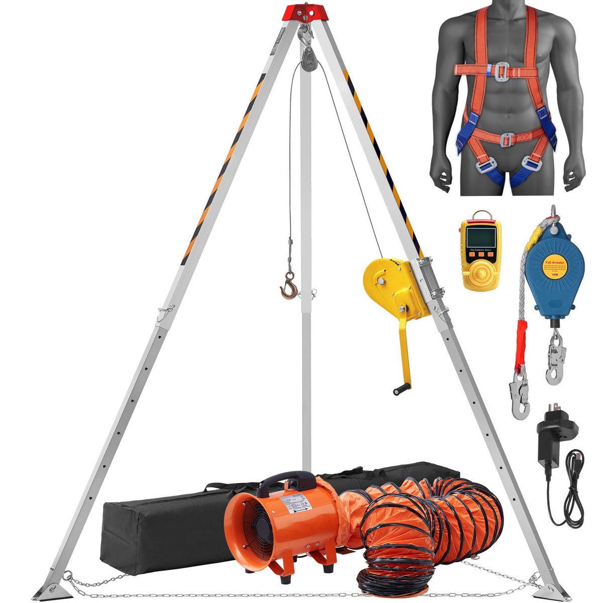 2600 lbs Winch Confined Space Tripod Kit, Confined Space Tripod 8' Legs and 98' Cable, Confined Space Rescue Tripod 33' Fall Protection with Blower, Gas detector, Harness.