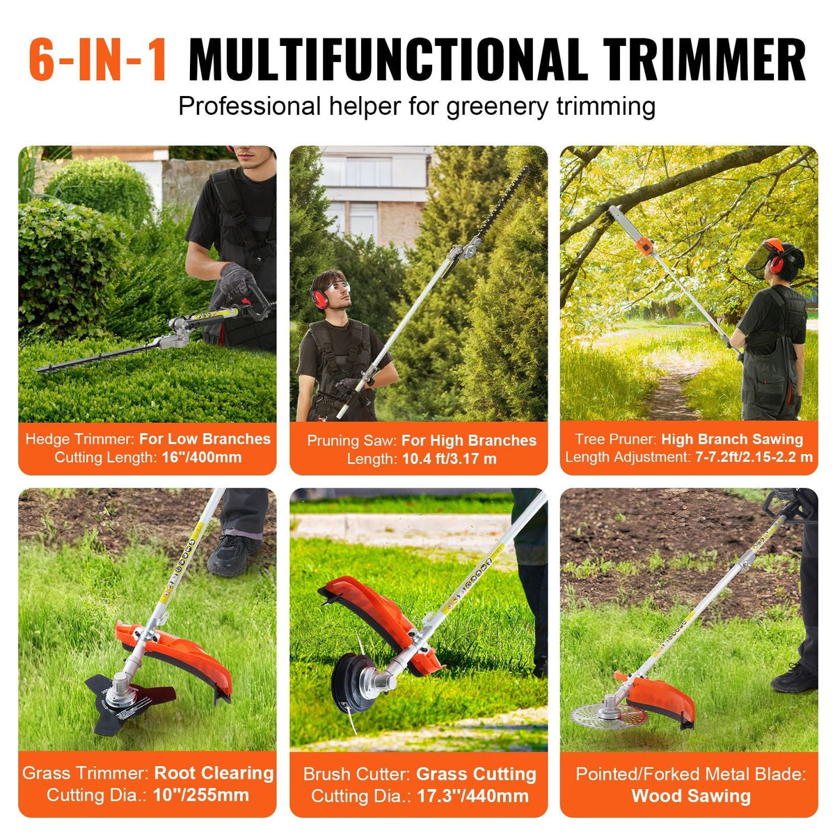26CC 5-in-1 Multi-Functional Trimming Tools, Gas Hedge Trimmer, Weed Eater, String Trimmer, Edger, Pole Saw Chainsaw Pruner with Extension Pole