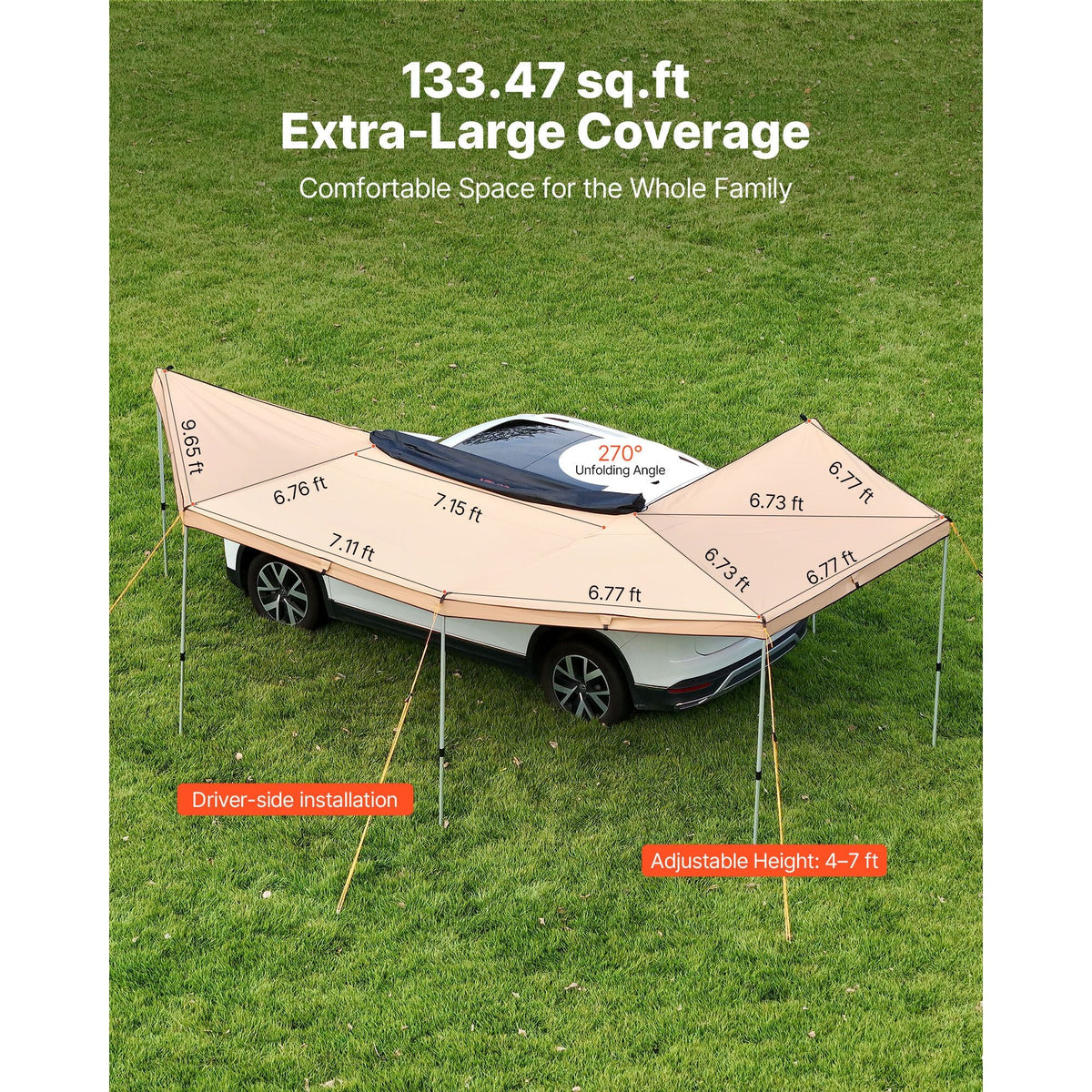 270 Degree Awning with Bulit-in LED Lights, 133 sq.ft Driver Side Vehicle Awning, Waterproof UV50+ Car Side Awnings, All-Weather Free-Standing Overland Awnings Car Shelter for SUV Truck Camping