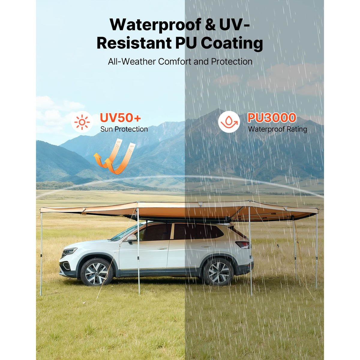270 Degree Awning with Bulit-in LED Lights, 133 sq.ft Driver Side Vehicle Awning, Waterproof UV50+ Car Side Awnings, All-Weather Free-Standing Overland Awnings Car Shelter for SUV Truck Camping