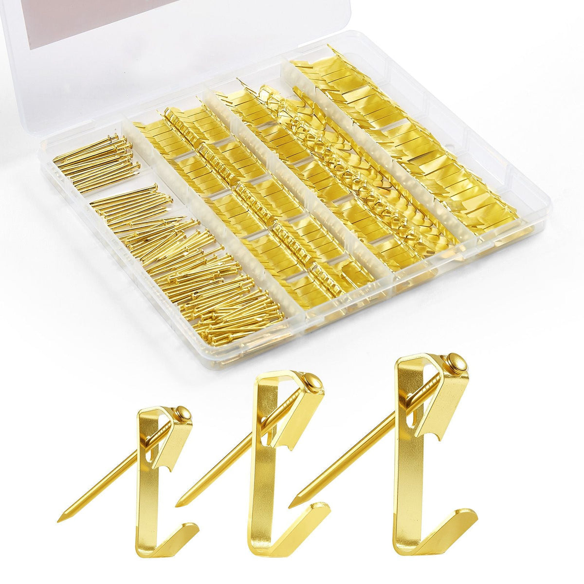274 Pieces Picture Hanging Kit, 20lbs, 30lbs, and 50lbs Picture Hangers, Heavy Duty Metal Pictures Hanging Hooks with Nails for Mirror, Painting, Photo Frame on Drywall and Wooden Wall, Gold