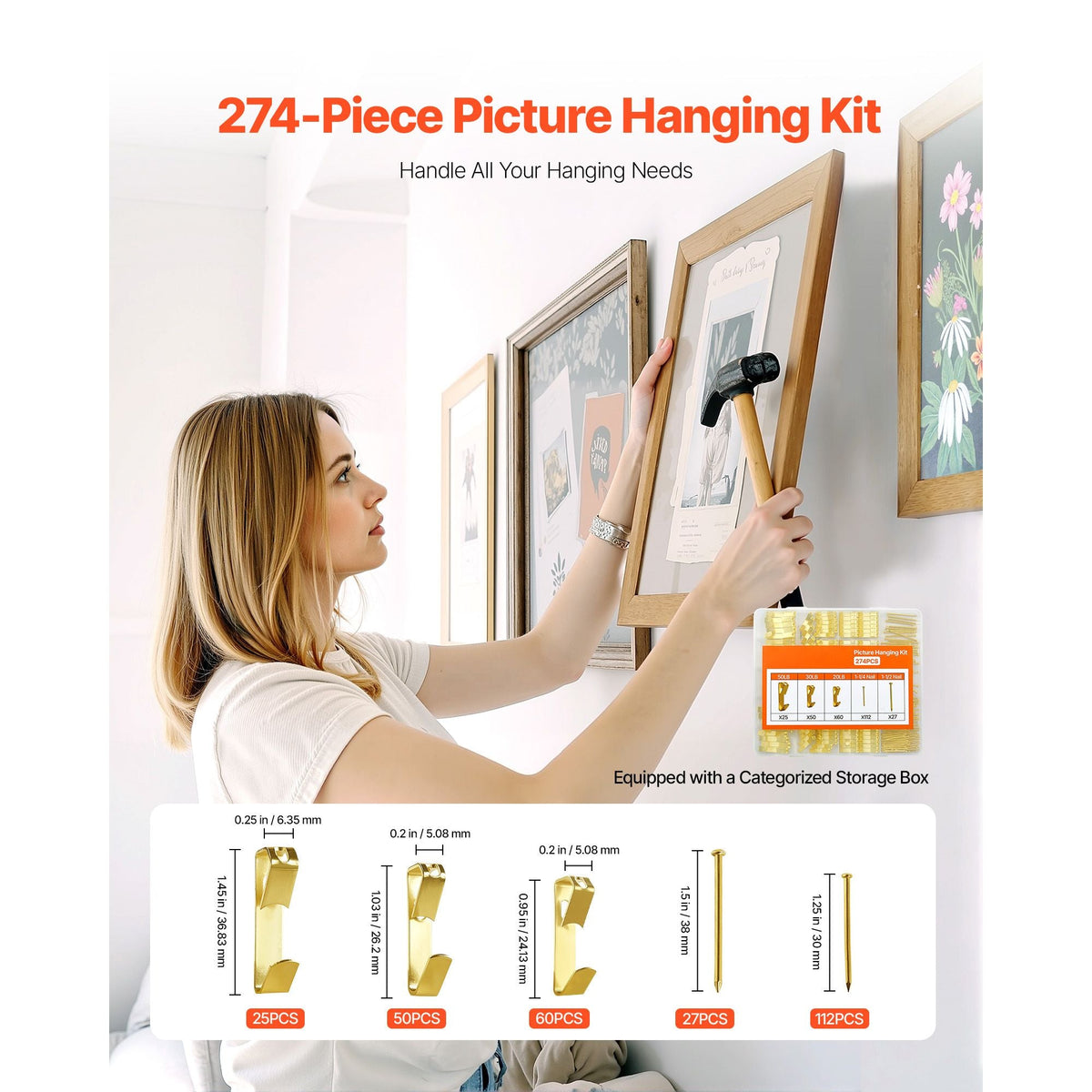274 Pieces Picture Hanging Kit, 20lbs, 30lbs, and 50lbs Picture Hangers, Heavy Duty Metal Pictures Hanging Hooks with Nails for Mirror, Painting, Photo Frame on Drywall and Wooden Wall, Gold
