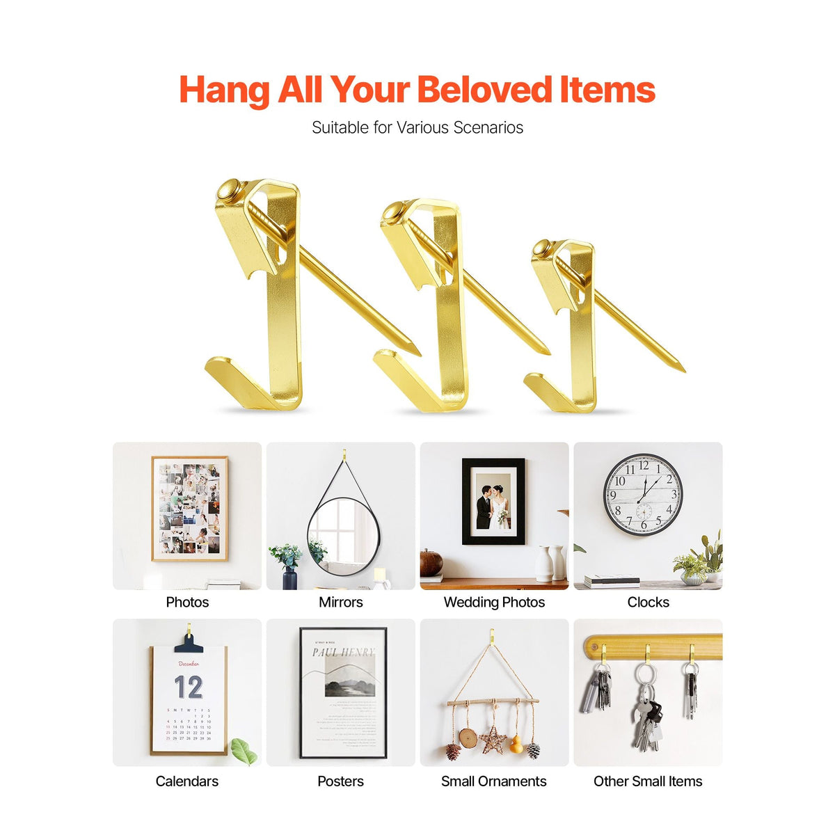 274 Pieces Picture Hanging Kit, 20lbs, 30lbs, and 50lbs Picture Hangers, Heavy Duty Metal Pictures Hanging Hooks with Nails for Mirror, Painting, Photo Frame on Drywall and Wooden Wall, Gold