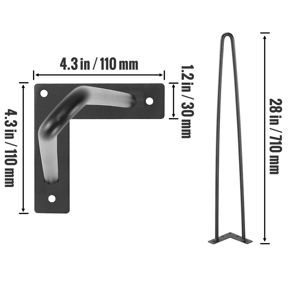 28" Hairpin Furniture Legs, Metal Home DIY Projects for Nightstand, Coffee Table, Desk, 500lbs Load Capacity with Rubber Floor Protectors, Metal Heavy Duty Sturdy Modern Table Legs, 4PCS Black