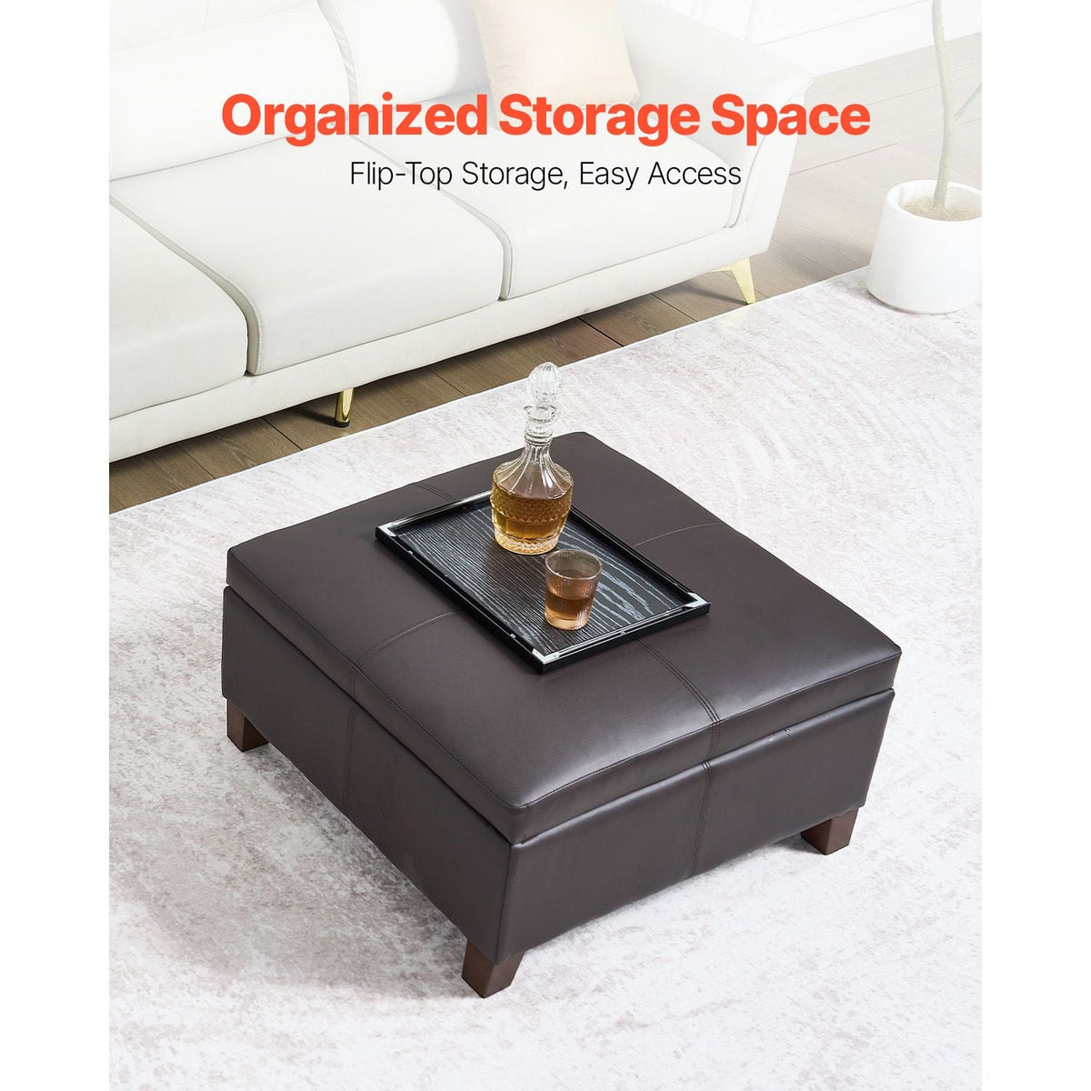 28 in Square Leather Ottoman with Storage, Upholstered Tufted Button Coffee Table Ottoman with Flip-Top Design, PU Leather High-Density Sponge for Living Room, Dorm, Bedroom, Dark Brown