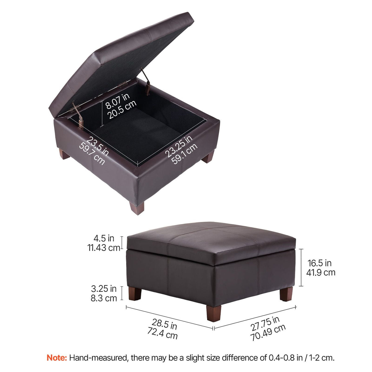 28 in Square Leather Ottoman with Storage, Upholstered Tufted Button Coffee Table Ottoman with Flip-Top Design, PU Leather High-Density Sponge for Living Room, Dorm, Bedroom, Dark Brown
