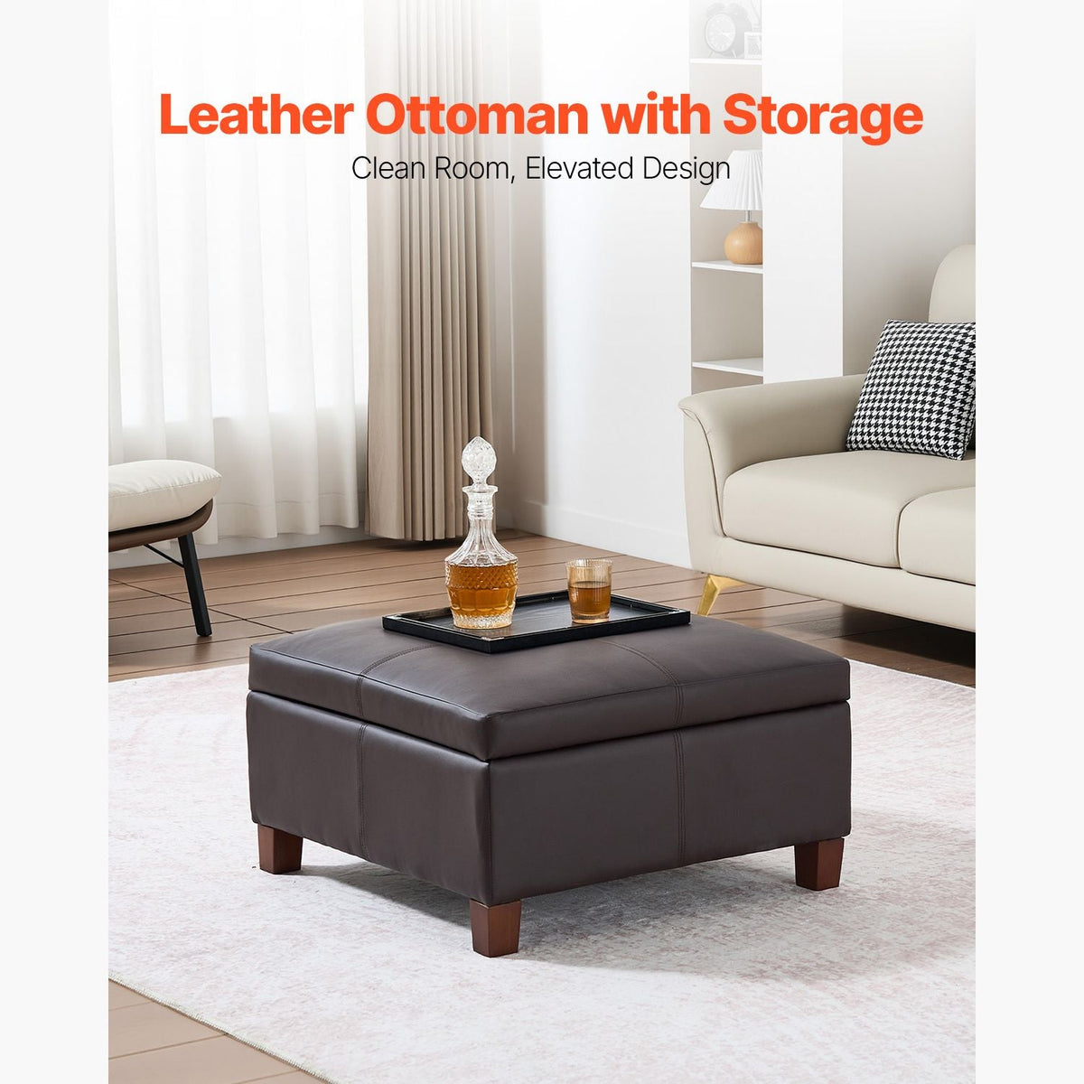 28 in Square Leather Ottoman with Storage, Upholstered Tufted Button Coffee Table Ottoman with Flip-Top Design, PU Leather High-Density Sponge for Living Room, Dorm, Bedroom, Dark Brown