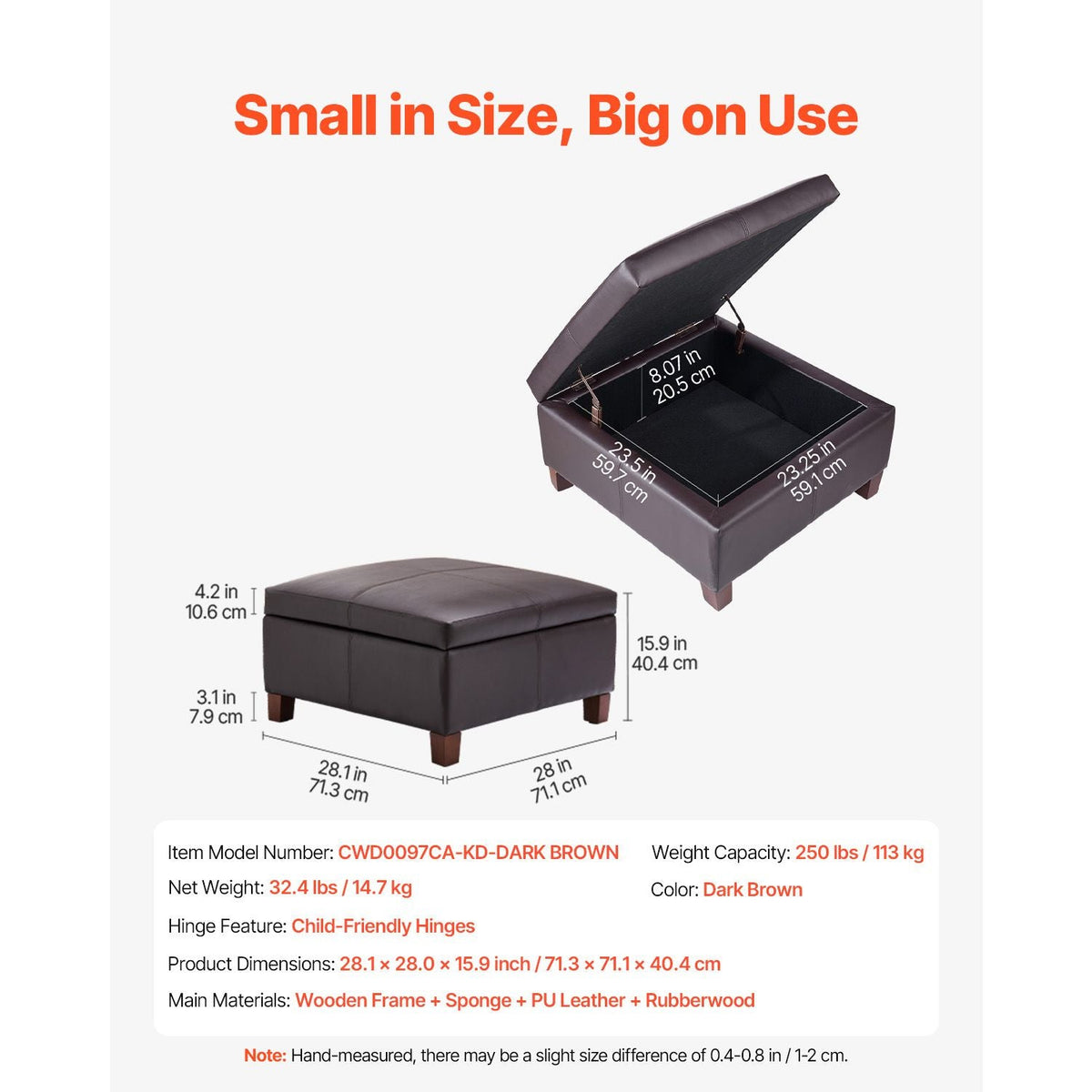 28 in Square Leather Ottoman with Storage, Upholstered Tufted Button Coffee Table Ottoman with Flip-Top Design, PU Leather High-Density Sponge for Living Room, Dorm, Bedroom, Dark Brown