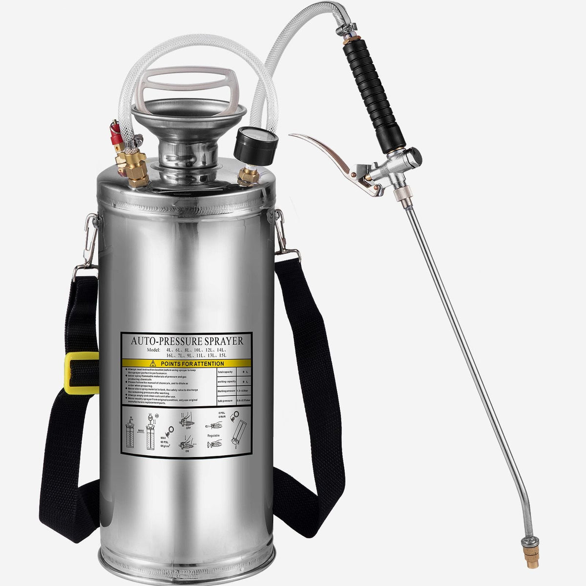 2Gal Stainless Steel Sprayer, Set with 20\" Wand& Handle& 3FT Reinforced Hose, Hand Pump Sprayer with Pressure Gauge&Safety Valve, Adjustable Nozzle Suitable for Gardening and Sanitizing