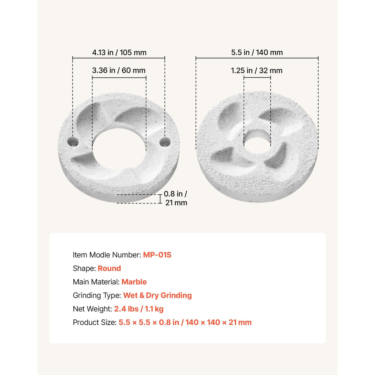 2PCS Grinding Sheets for Electric Grain Mill Grinder, Marble Dry & Wet Grinding Discs, Replacement Grinding Plates Compatible with GM-002 Corn Spice Mill Grinder