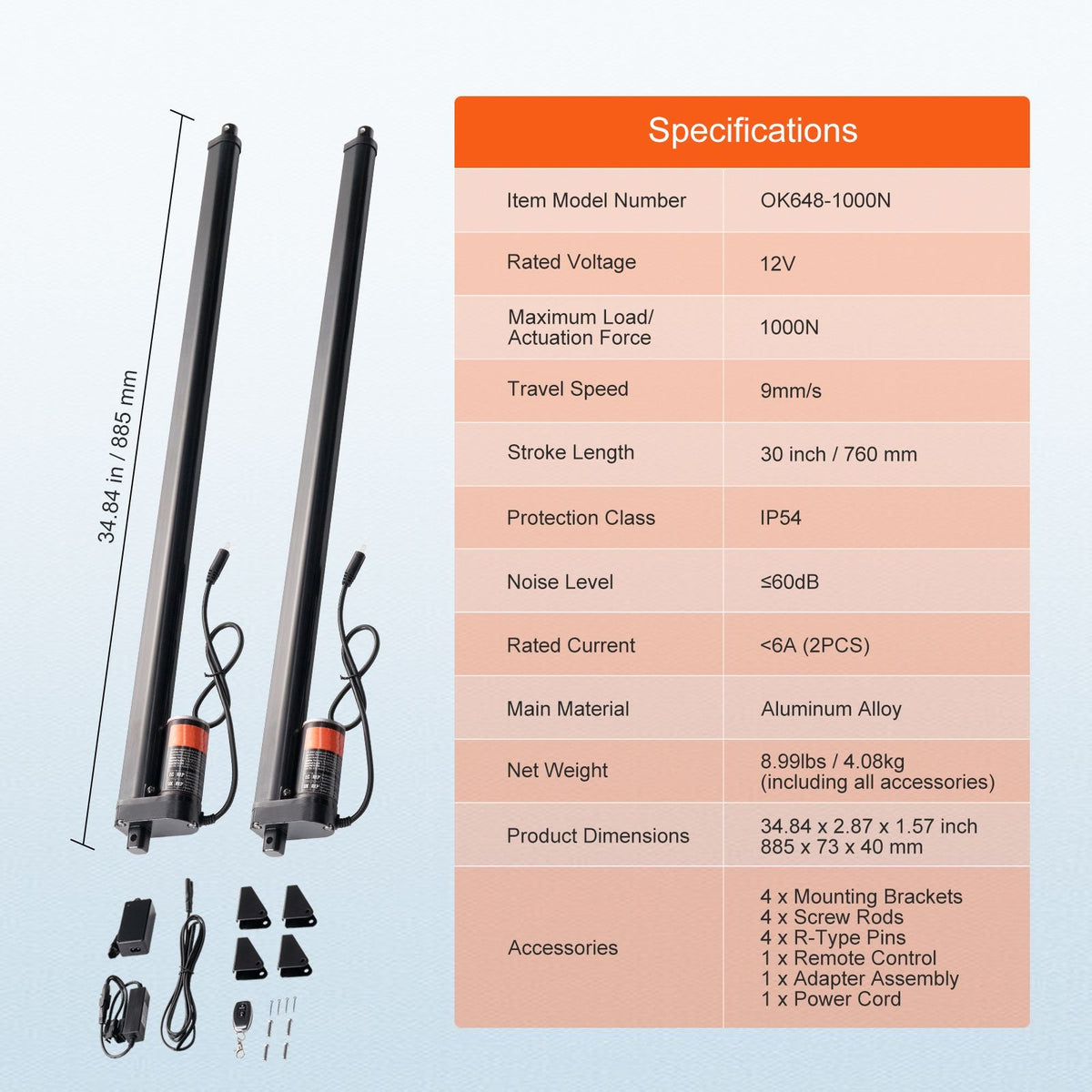 2PCS Linear Actuator Kit, 30 Inch High Speed 0.35"/s Linear Motion Actuator 12V, 220lbs/1000N Linear Actuator for TV/Table/Sofa Lifting, IP54 Protection - Wireless Remote Control Included