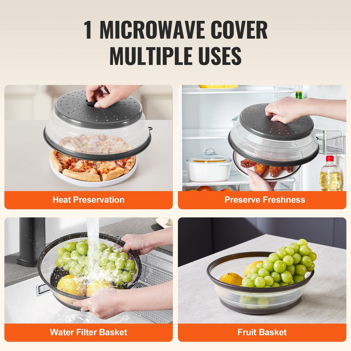 2PCS Microwave Splatter Covers, 10.4" Collapsible Microwave Lid for Food, 300 Fahrenheit Heat-Resistant PP Splatter Guard for Plate Dish, Multi-Use Kitchen Colander Gadget