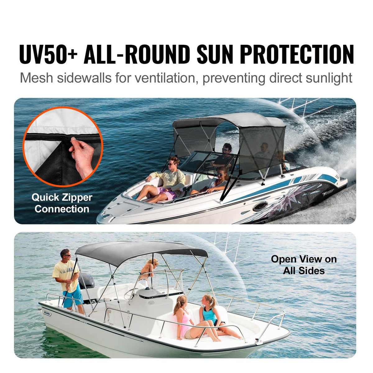 3 Bow Bimini Top Boat Cover, Detachable Mesh Sidewalls, 600D Polyester Canopy with 1" Aluminum Alloy Frame, Includes Storage Boot, 2 Support Poles, 2 Straps, 6'L x 46"H x 79"-84"W, Light Grey