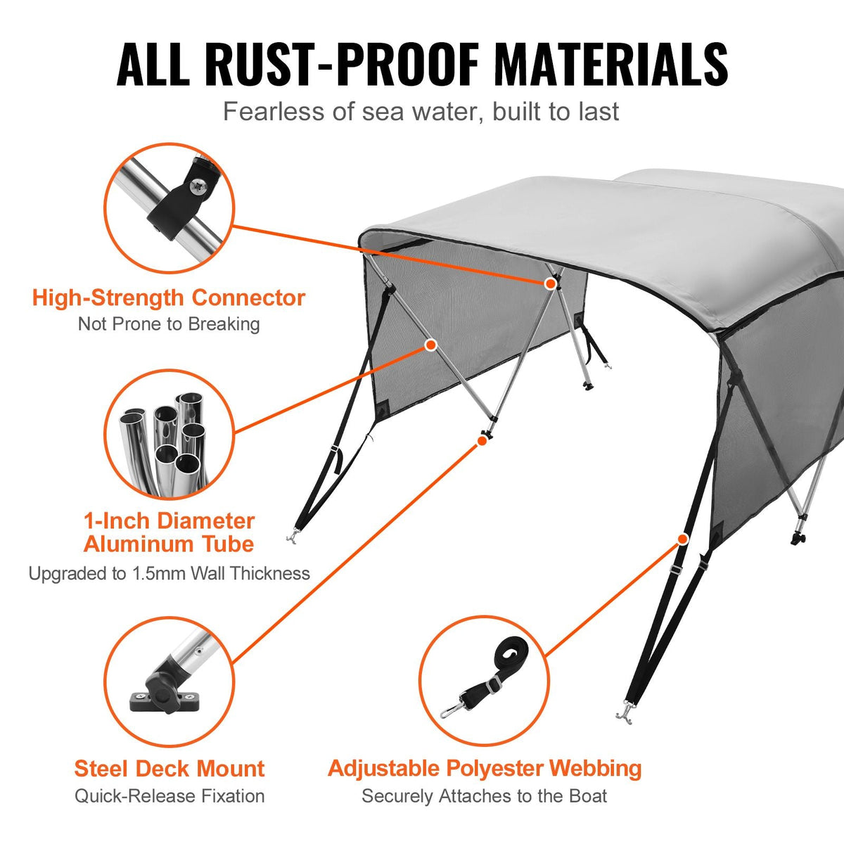 3 Bow Bimini Top Boat Cover, Detachable Mesh Sidewalls, 600D Polyester Canopy with 1" Aluminum Alloy Frame, Includes Storage Boot, 2 Support Poles, 2 Straps, 6'L x 46"H x 79"-84"W, Light Grey