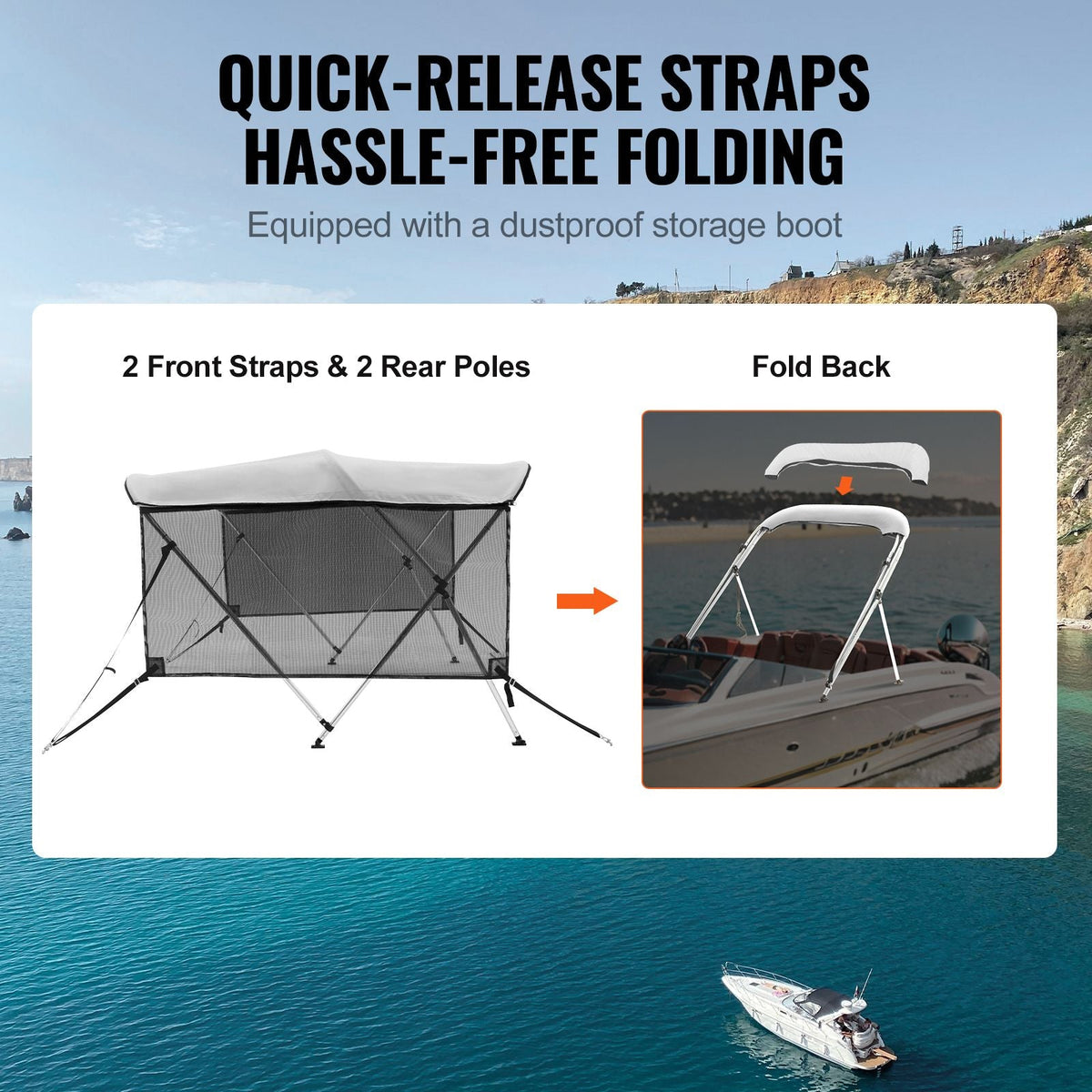 3 Bow Bimini Top Boat Cover, Detachable Mesh Sidewalls, 600D Polyester Canopy with 1" Aluminum Alloy Frame, Includes Storage Boot, 2 Support Poles, 2 Straps, 6'L x 46"H x 79"-84"W, Light Grey