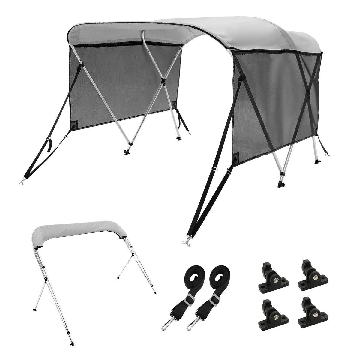 3 Bow Bimini Top Boat Cover, Detachable Mesh Sidewalls, 600D Polyester Canopy with 1" Aluminum Alloy Frame, Includes Storage Boot, 2 Support Poles, 2 Straps, 6'L x 46"H x 79"-84"W, Light Grey