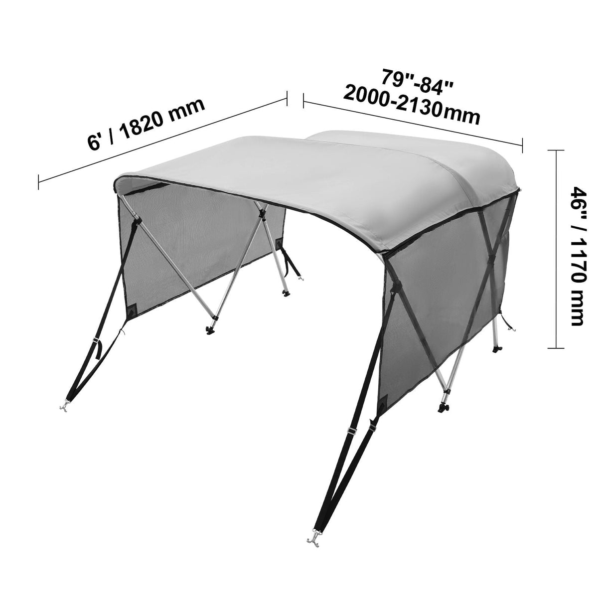3 Bow Bimini Top Boat Cover, Detachable Mesh Sidewalls, 600D Polyester Canopy with 1" Aluminum Alloy Frame, Includes Storage Boot, 2 Support Poles, 2 Straps, 6'L x 46"H x 79"-84"W, Light Grey