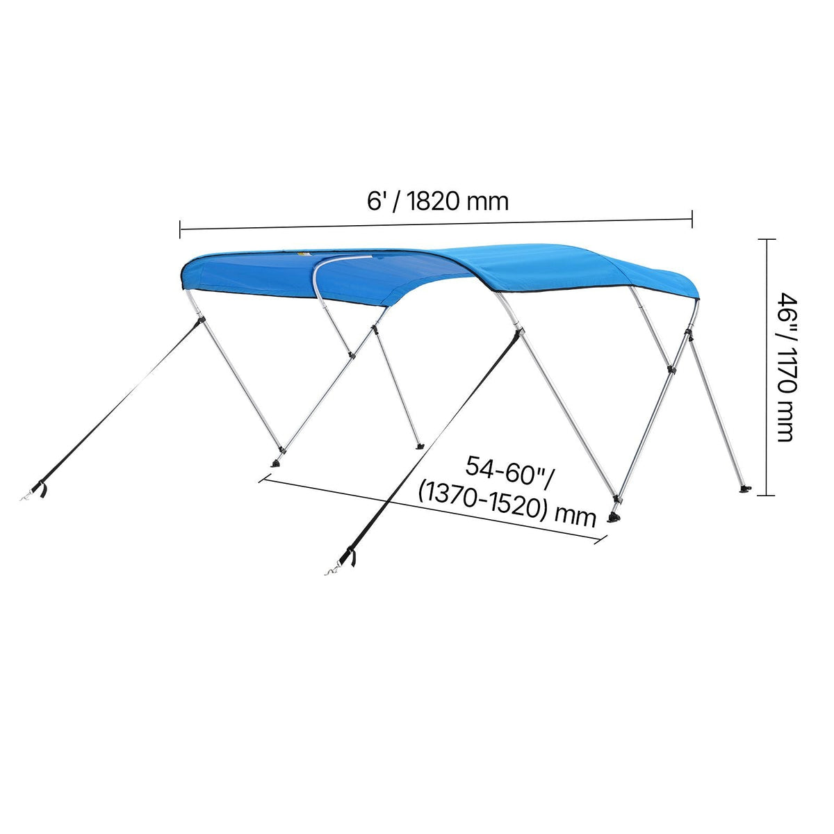 3 Bow Boat Bimini Tops, 600D Polyester Canopy with Aluminum Alloy Frame, Waterproof & Sun Shade Boat Awning Canopy with Storage Bag, 2 Support Poles, 4 Straps, 6'Lx(54"-60")Wx46"H, Pacific Blue