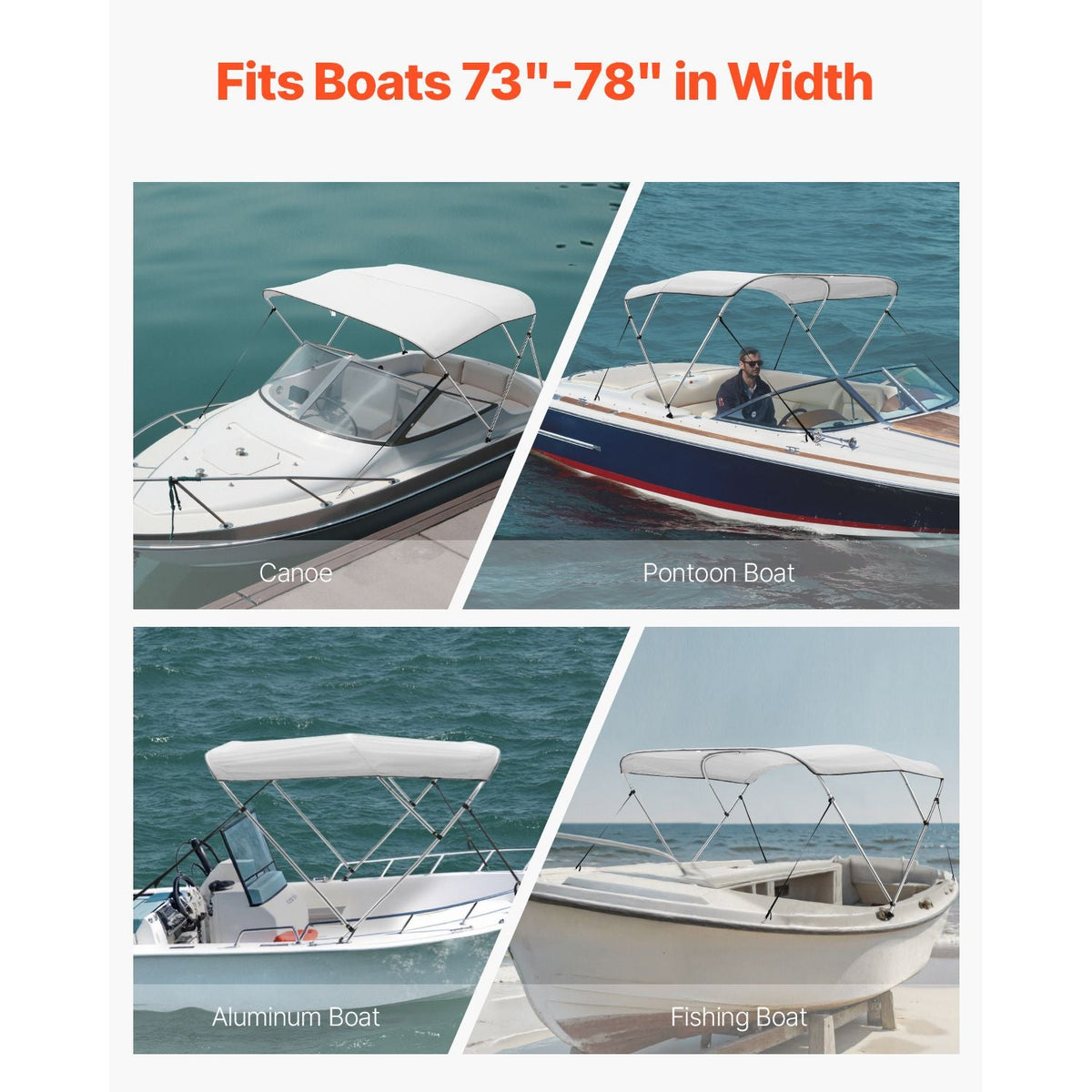 3 Bow Boat Bimini Tops, 600D Polyester Canopy with Aluminum Alloy Frame, Waterproof & Sun Shade Boat Awning Canopy with Storage Bag, 2 Support Poles, 4 Straps, 72"Lx(73"-78")Wx46"H, Light Grey