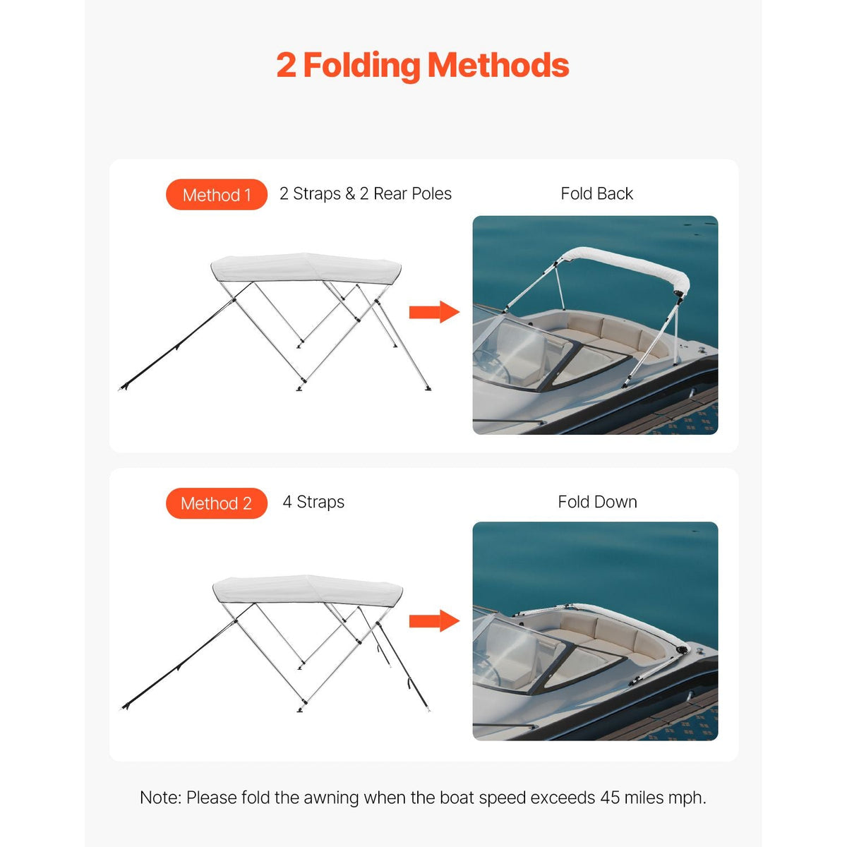 3 Bow Boat Bimini Tops, 600D Polyester Canopy with Aluminum Alloy Frame, Waterproof & Sun Shade Boat Awning Canopy with Storage Bag, 2 Support Poles, 4 Straps, 72"Lx(73"-78")Wx46"H, Light Grey