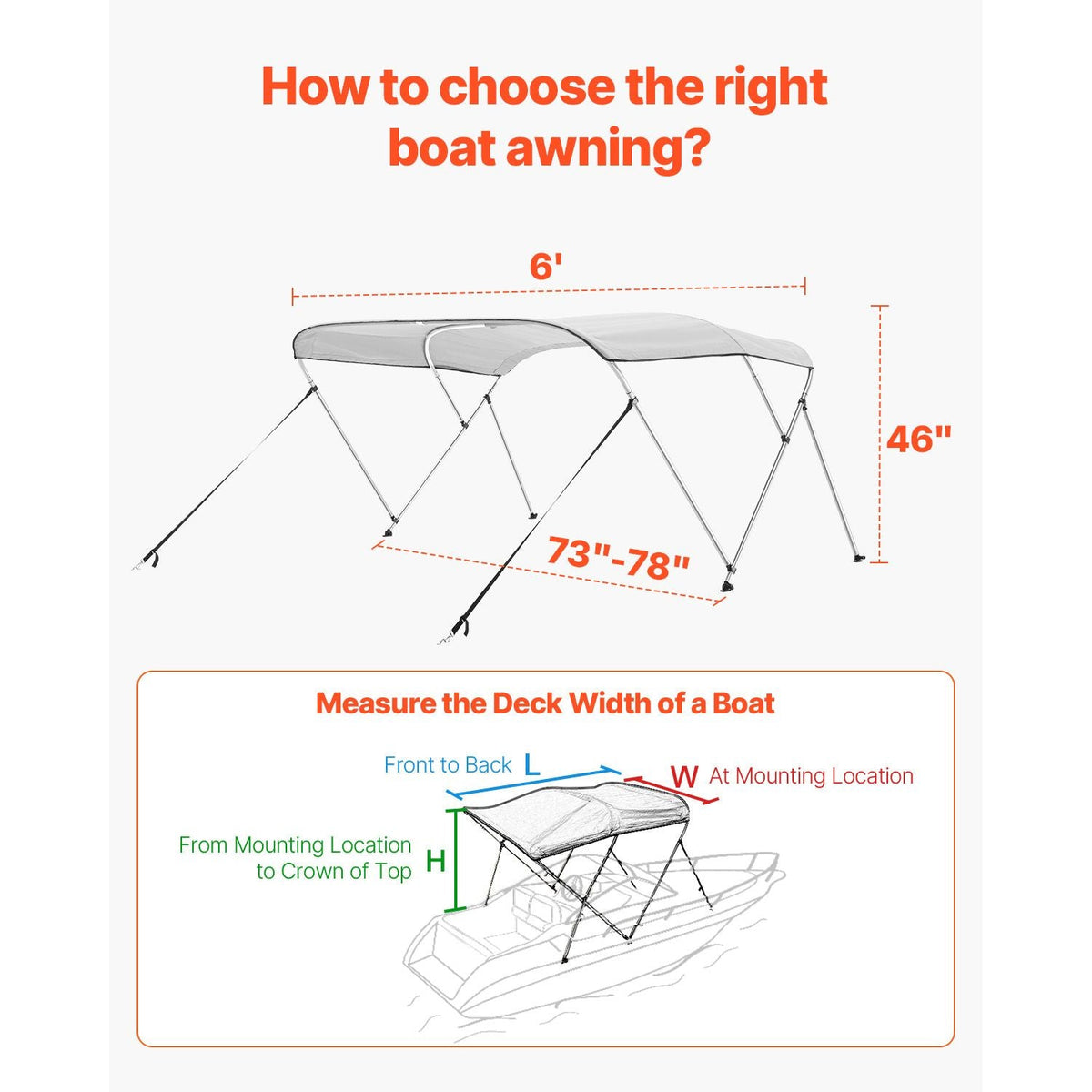 3 Bow Boat Bimini Tops, 600D Polyester Canopy with Aluminum Alloy Frame, Waterproof & Sun Shade Boat Awning Canopy with Storage Bag, 2 Support Poles, 4 Straps, 72"Lx(73"-78")Wx46"H, Light Grey