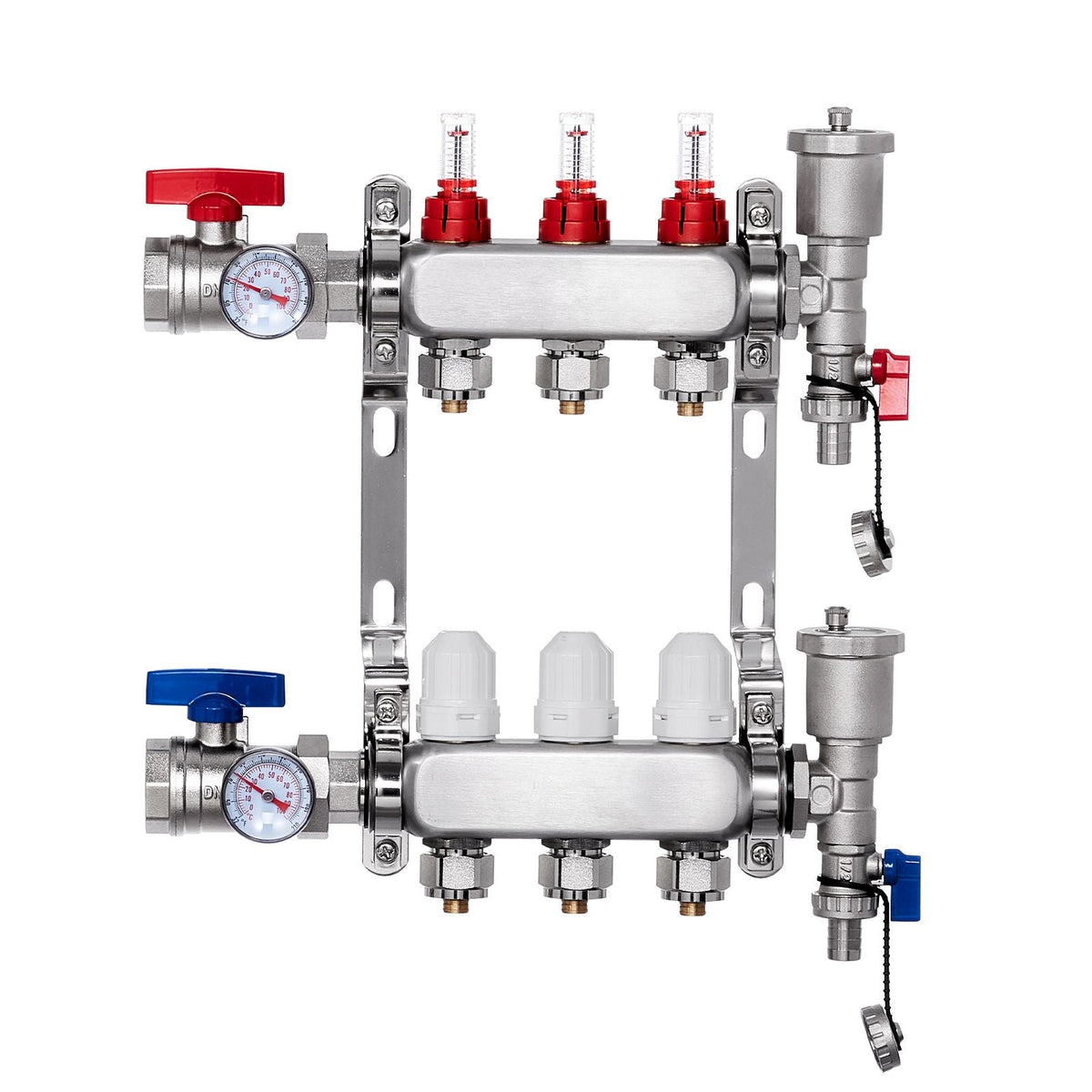 3-Branch Radiant Heat Manifold, 1/2" PEX Tubing Manifold, Stainless Steel PEX Manifold for Hydronic Radiant Floor Heating, Radiant Heat PEX Manifold Kit with 1/2" Adapters Included