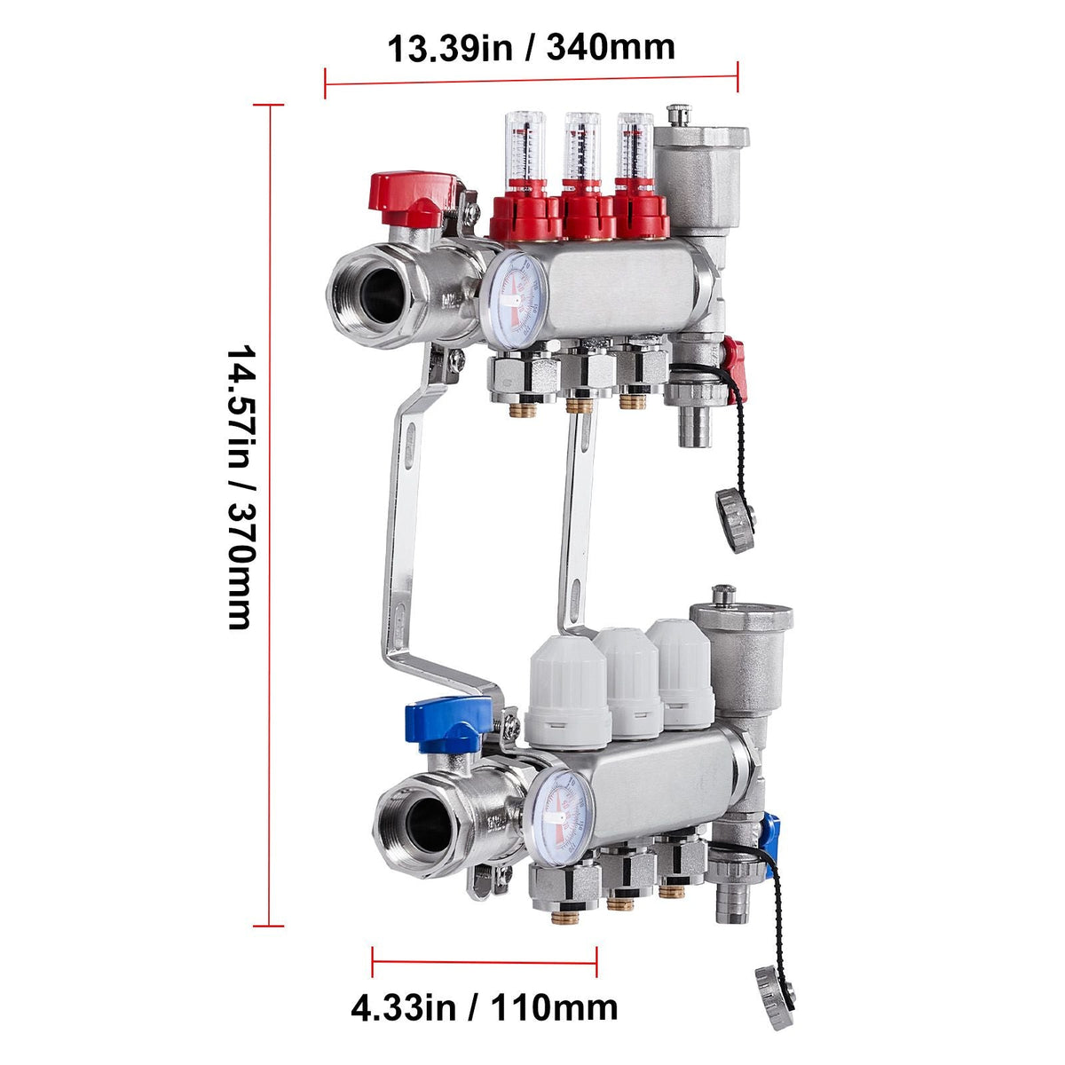 3-Branch Radiant Heat Manifold, 1/2" PEX Tubing Manifold, Stainless Steel PEX Manifold for Hydronic Radiant Floor Heating, Radiant Heat PEX Manifold Kit with 1/2" Adapters Included