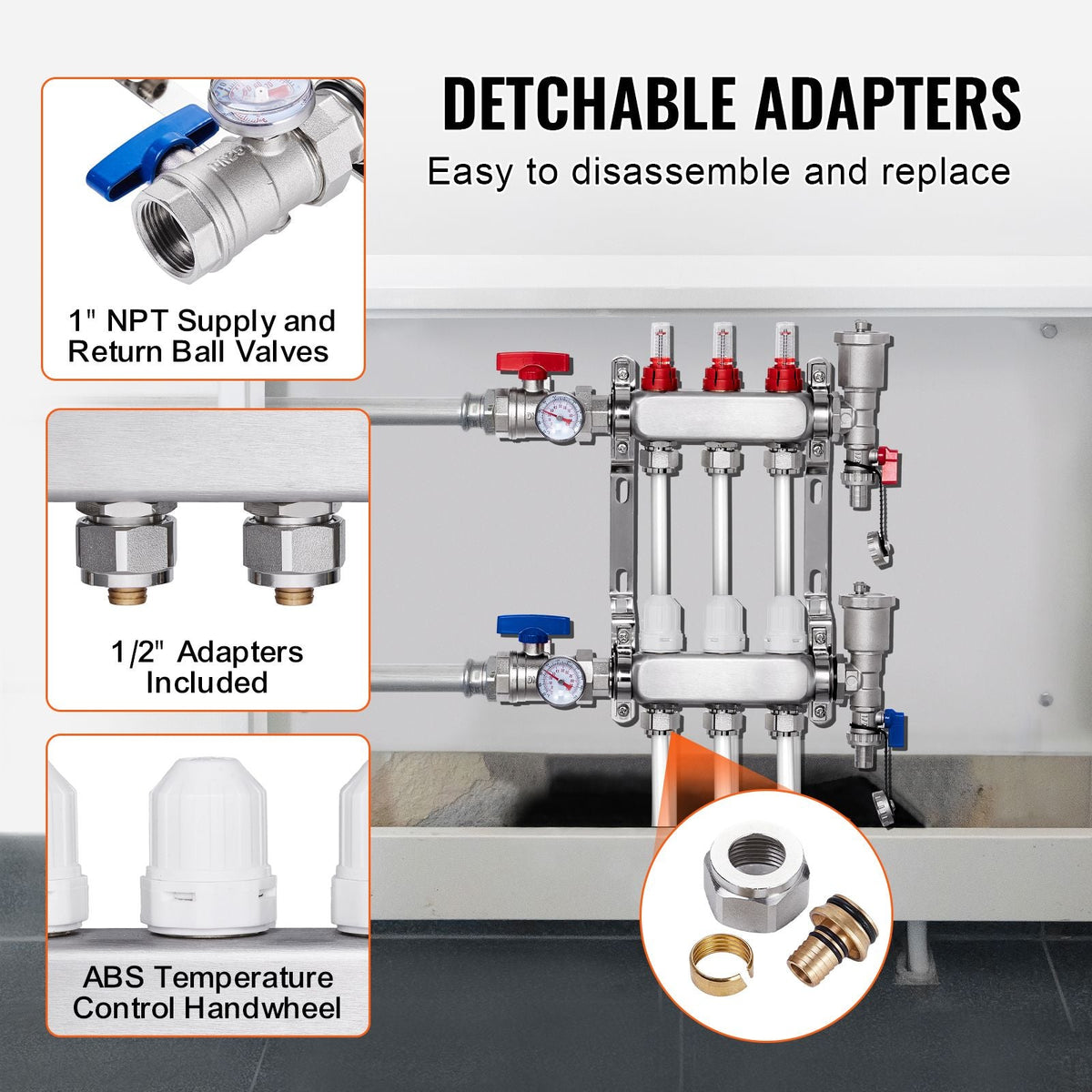 3-Branch Radiant Heat Manifold, 1/2" PEX Tubing Manifold, Stainless Steel PEX Manifold for Hydronic Radiant Floor Heating, Radiant Heat PEX Manifold Kit with 1/2" Adapters Included