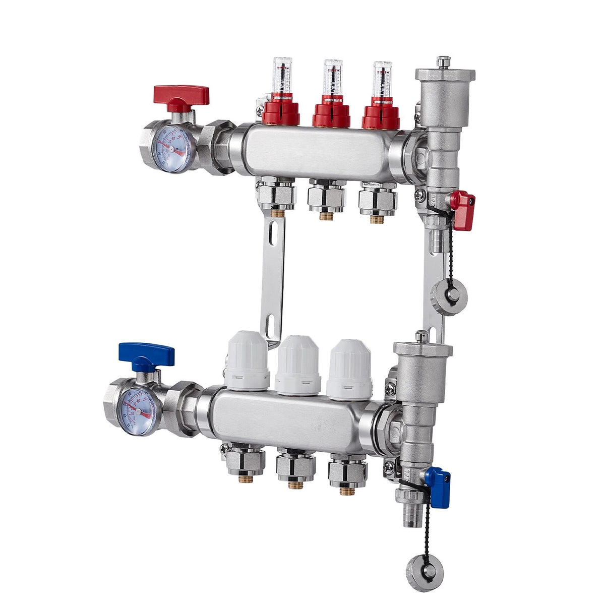 3-Branch Radiant Heat Manifold, 1/2" PEX Tubing Manifold, Stainless Steel PEX Manifold for Hydronic Radiant Floor Heating, Radiant Heat PEX Manifold Kit with 1/2" Adapters Included