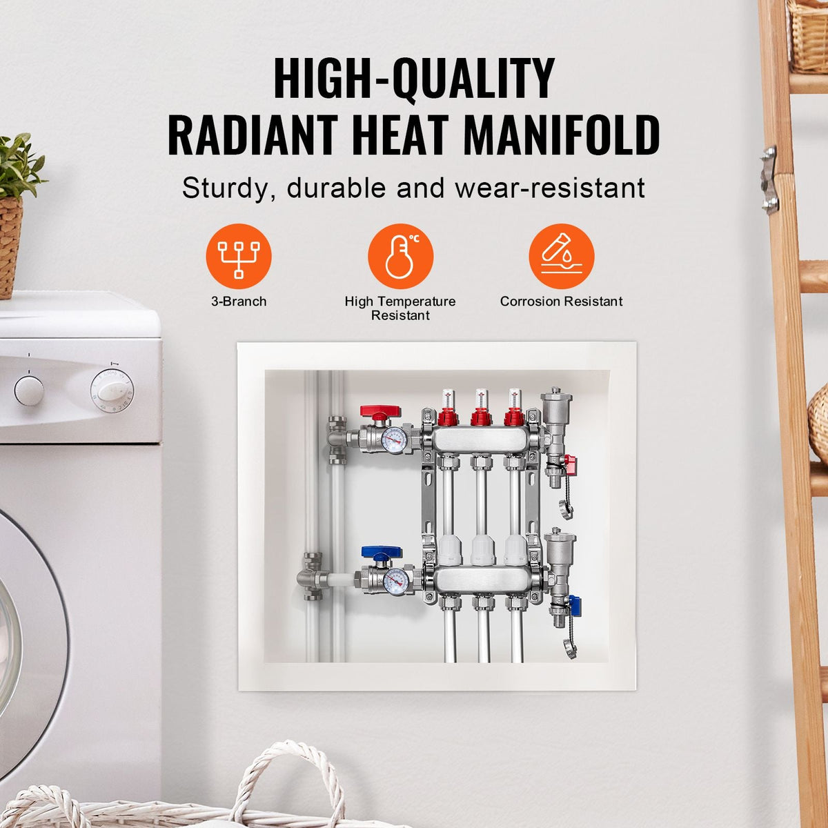 3-Branch Radiant Heat Manifold, 1/2" PEX Tubing Manifold, Stainless Steel PEX Manifold for Hydronic Radiant Floor Heating, Radiant Heat PEX Manifold Kit with 1/2" Adapters Included